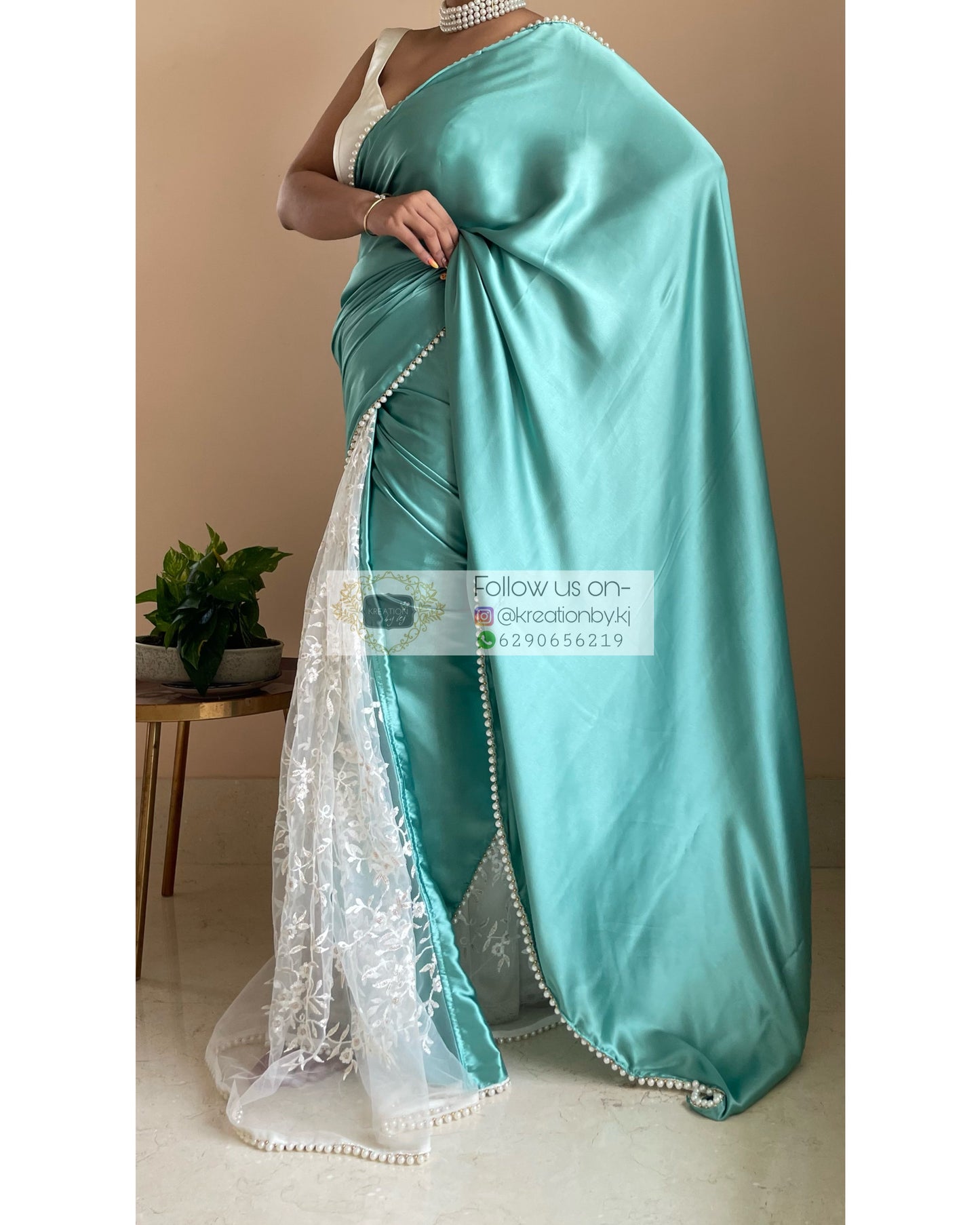 Turquoise Cherry Blossom Saree kreationbykj