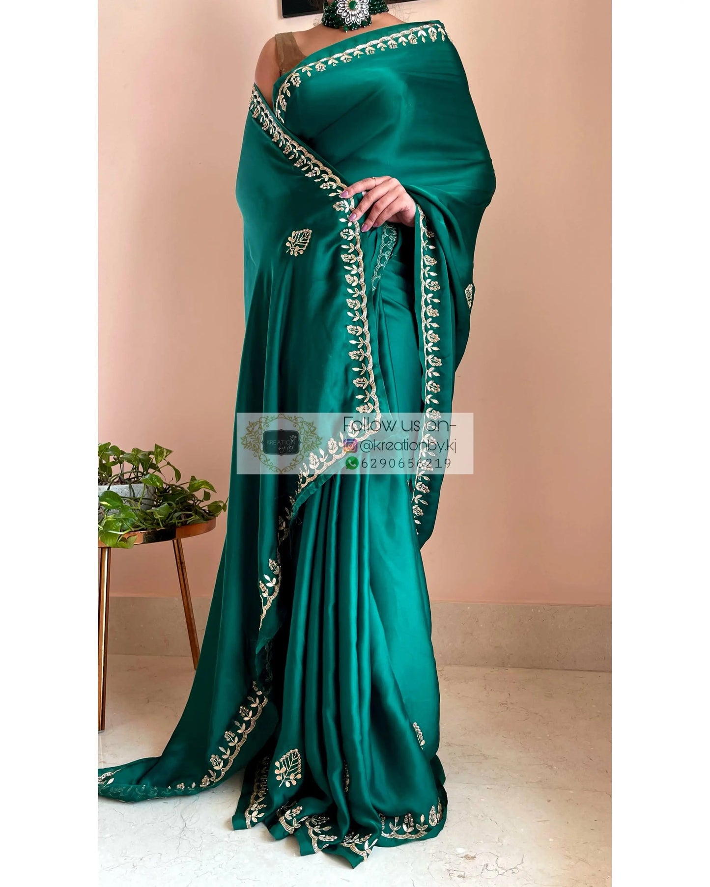 Green Satin Silk Saree with Gota Patti Border