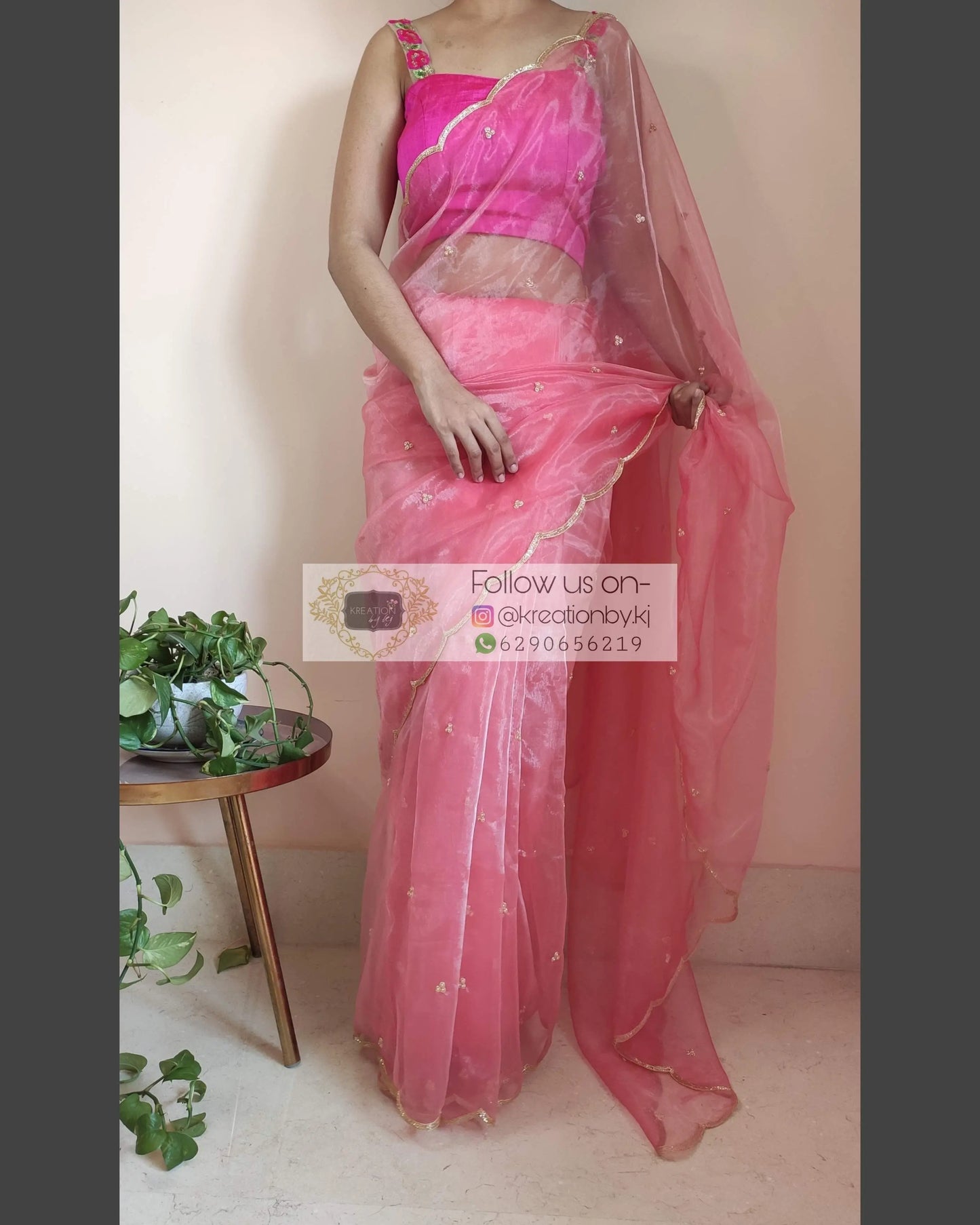 Peach Glass Tissue Saree with scalloping - kreationbykj