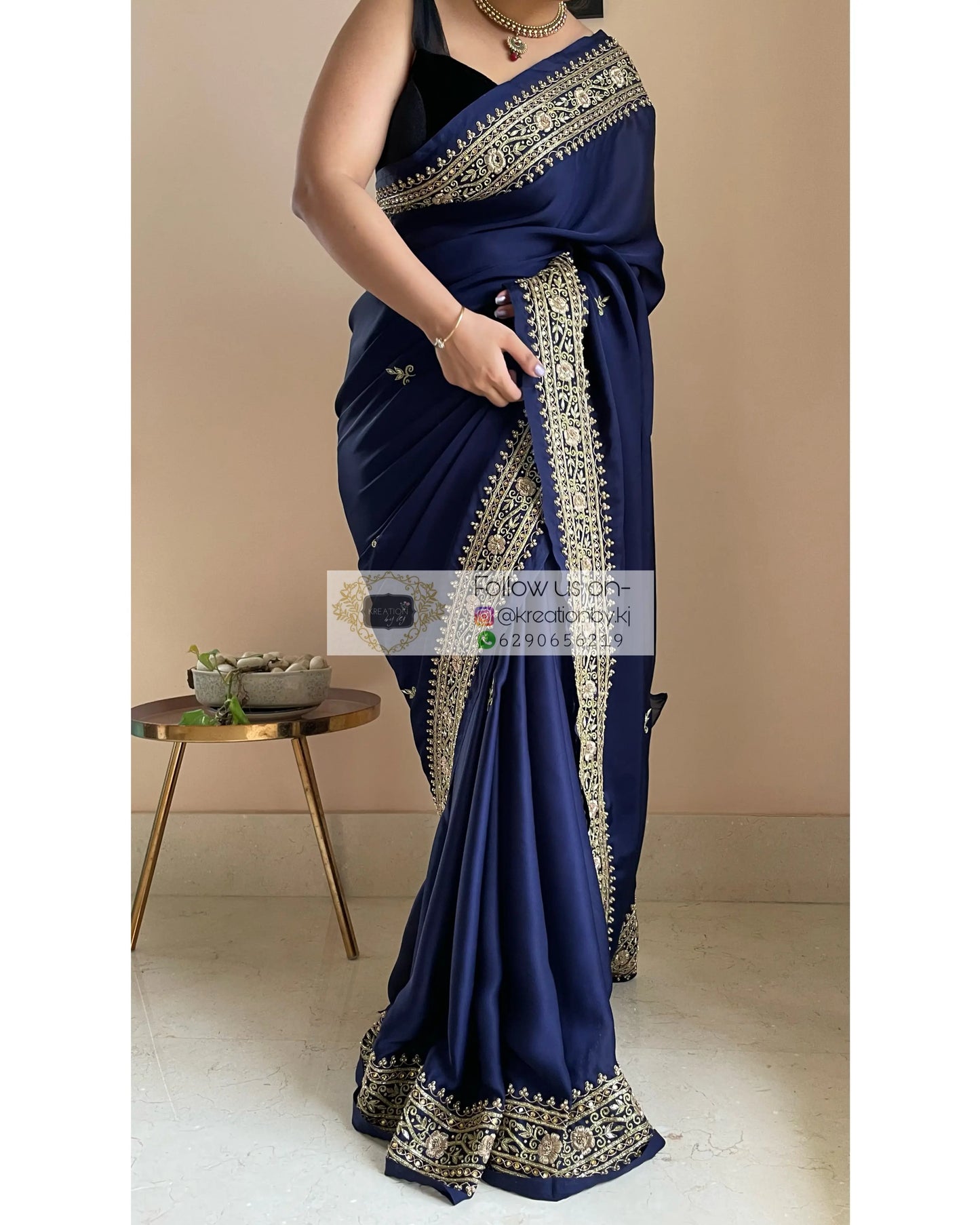Navy Blue Crepe Silk Zarina Saree - kreationbykj