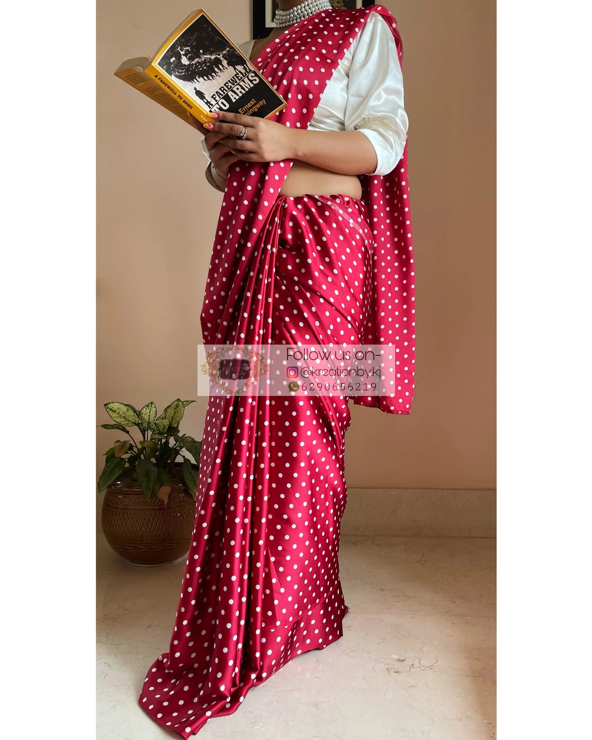 Maroon Polka Dot Satin Silk Saree kreationbykj