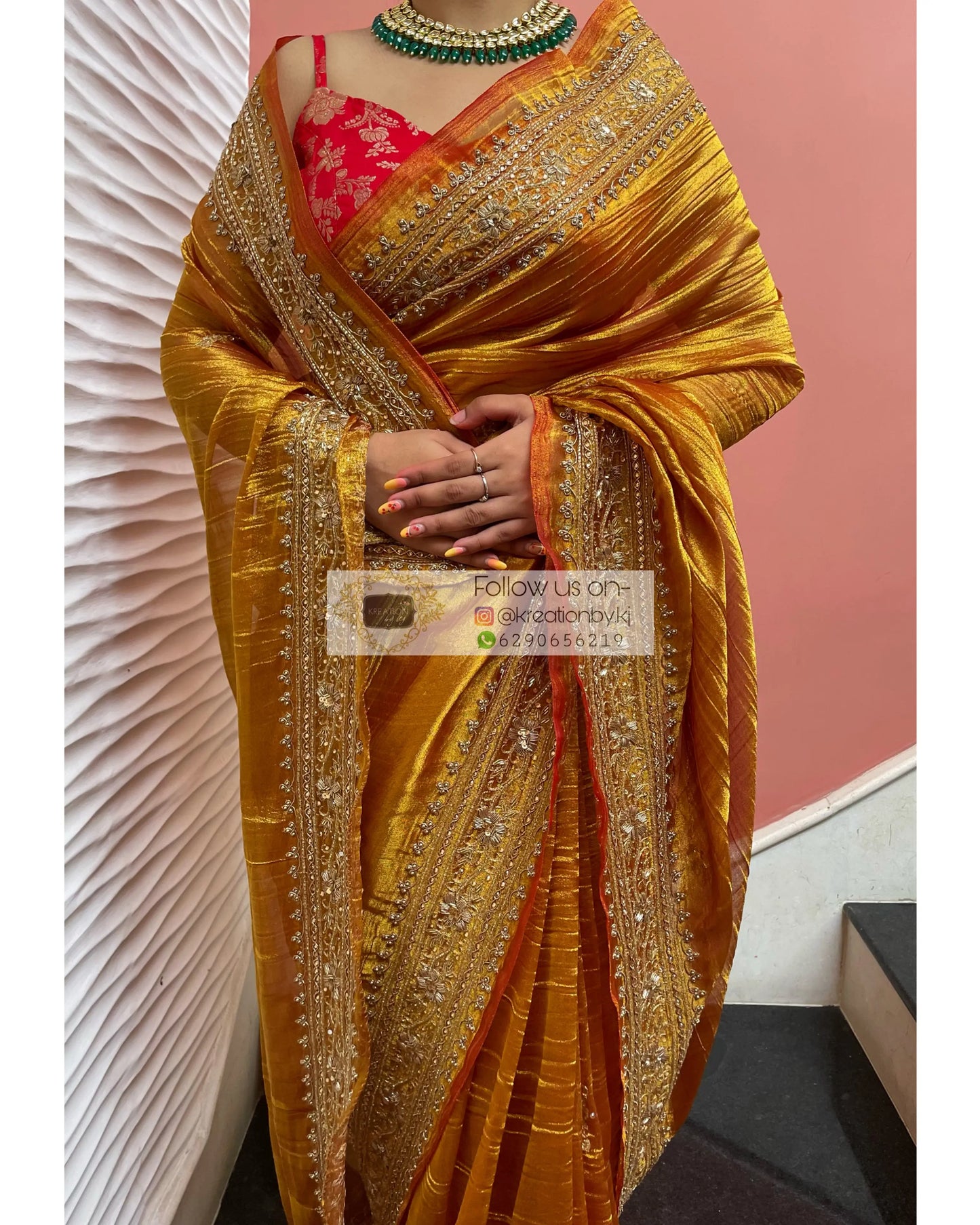 Fiery Gold Zari Tissue Zarina Saree kreationbykj