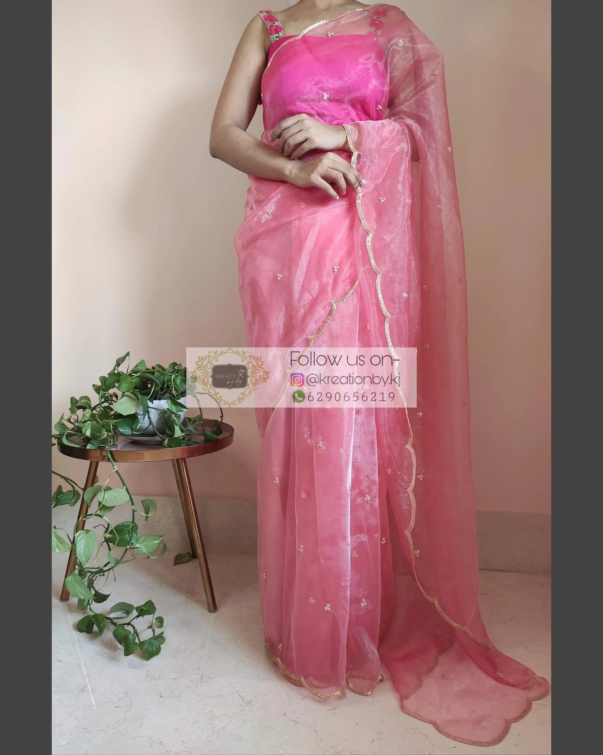 Peach Glass Tissue Saree with scalloping - kreationbykj