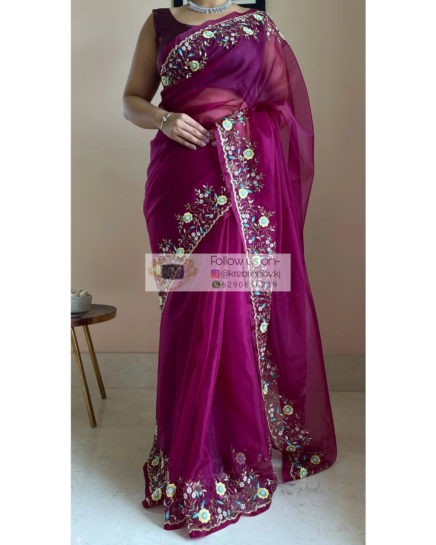 Pankhuri Wine Organza Saree - kreationbykj