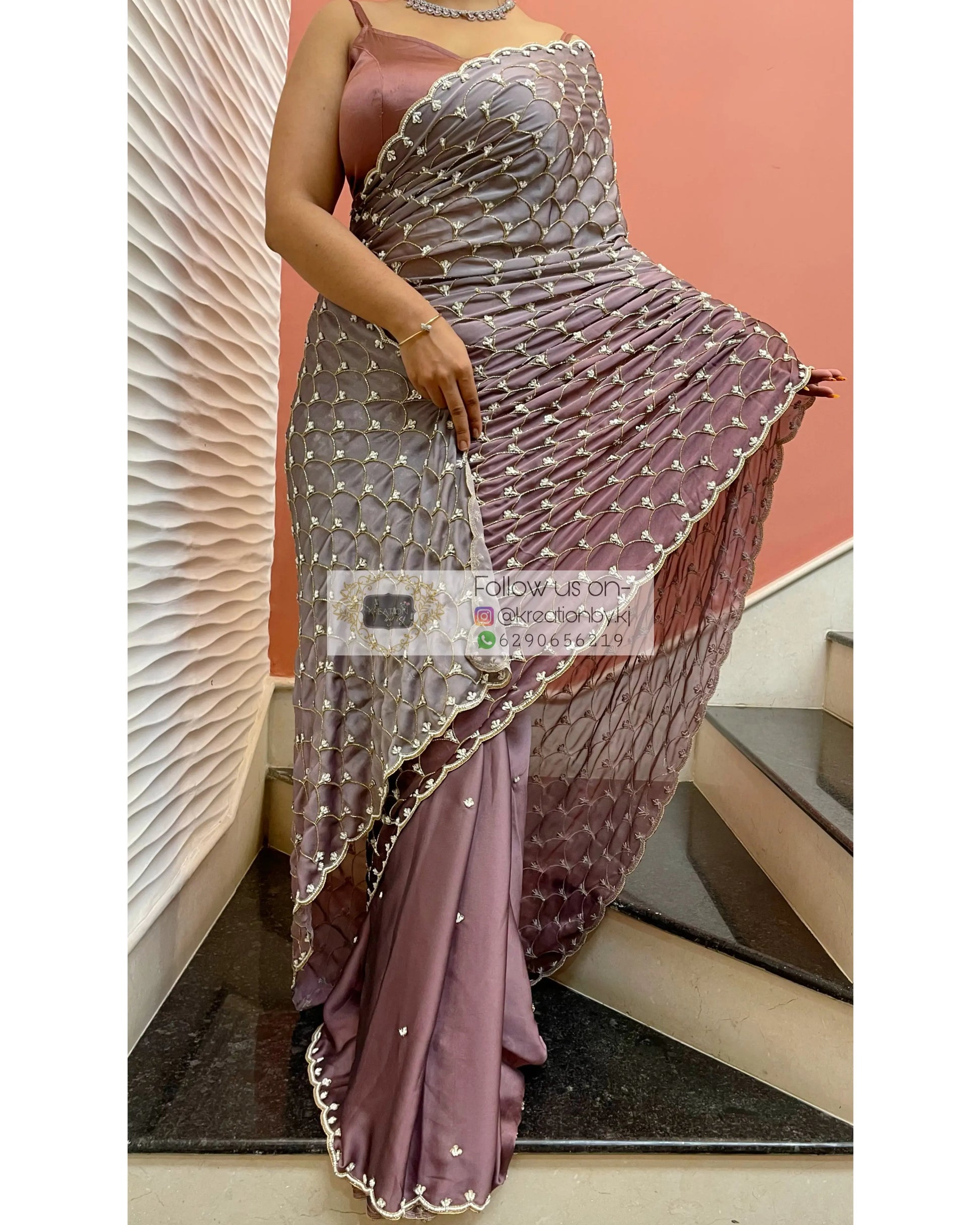 Grey- Mauve Ombré Cutdana Mehraab Jaal Cocktail Saree kreationbykj