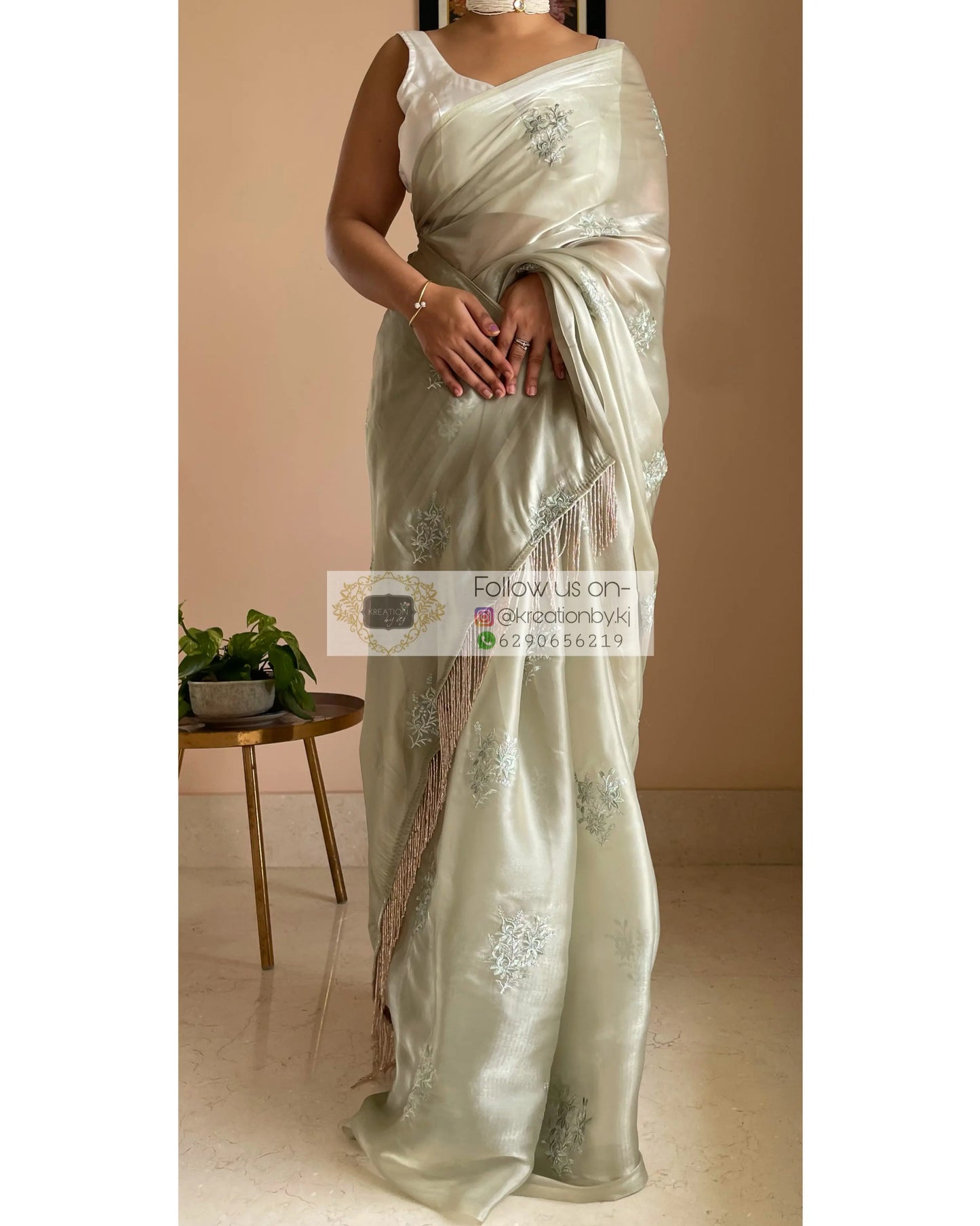 Ash Green Glass Organza Saree with Embroidery kreationbykj