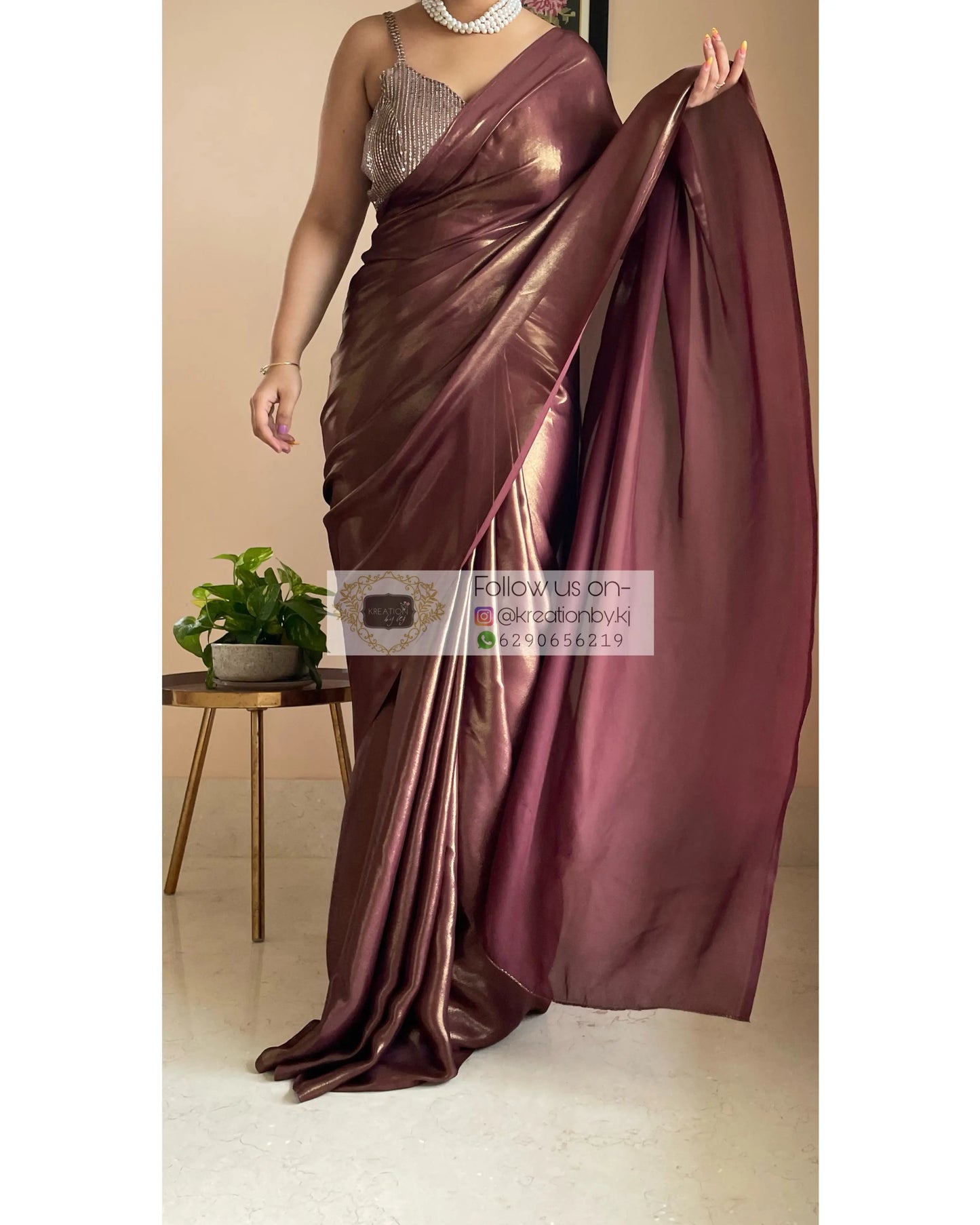 Molten Chocolate Brown Shimmer Satin Saree kreationbykj