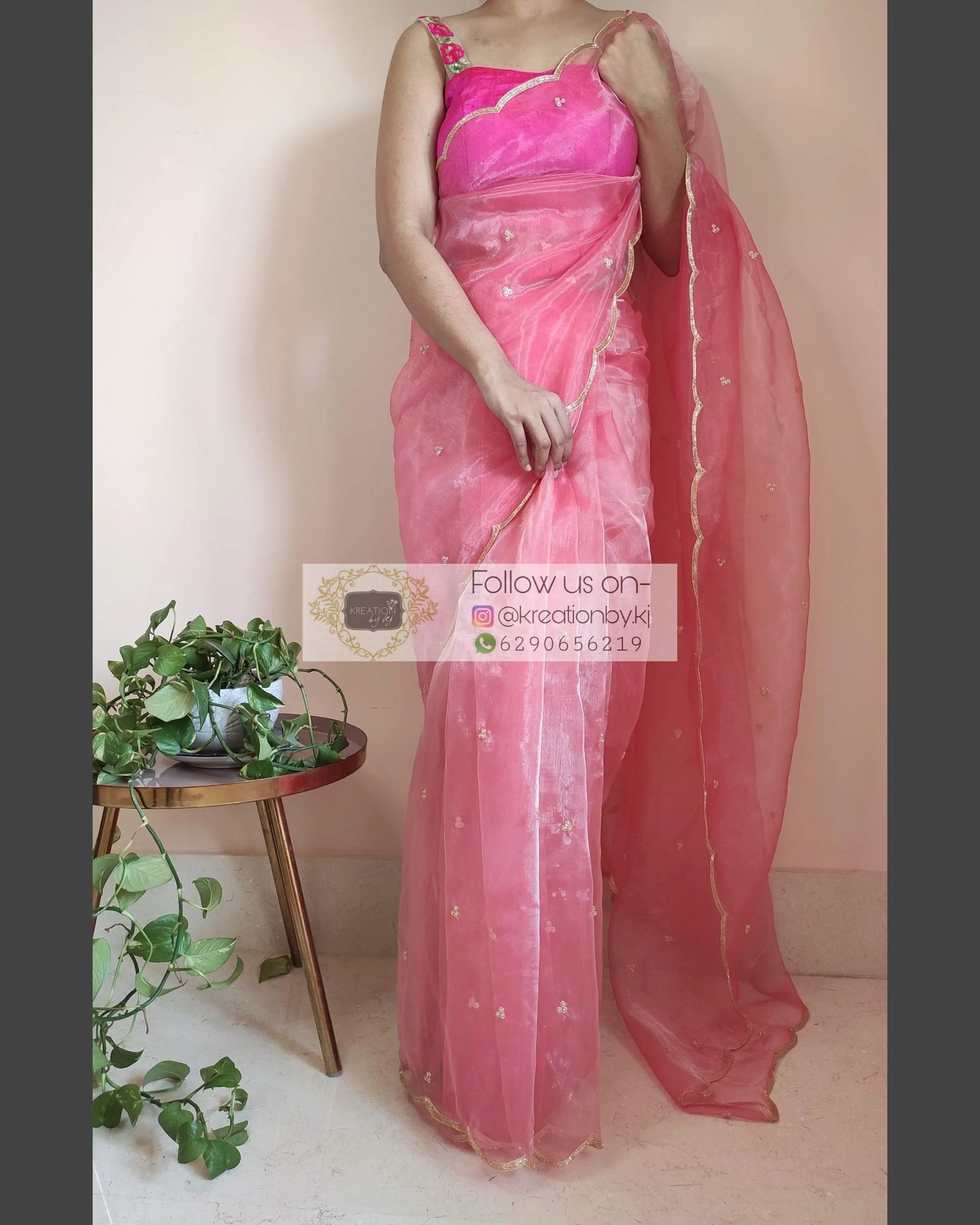 Peach Glass Tissue Saree with scalloping - kreationbykj