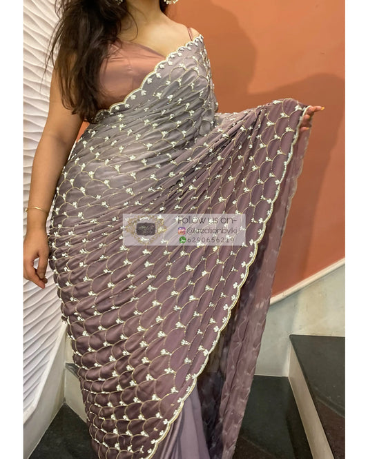 Grey- Mauve Ombré Cutdana Mehraab Jaal Cocktail Saree kreationbykj