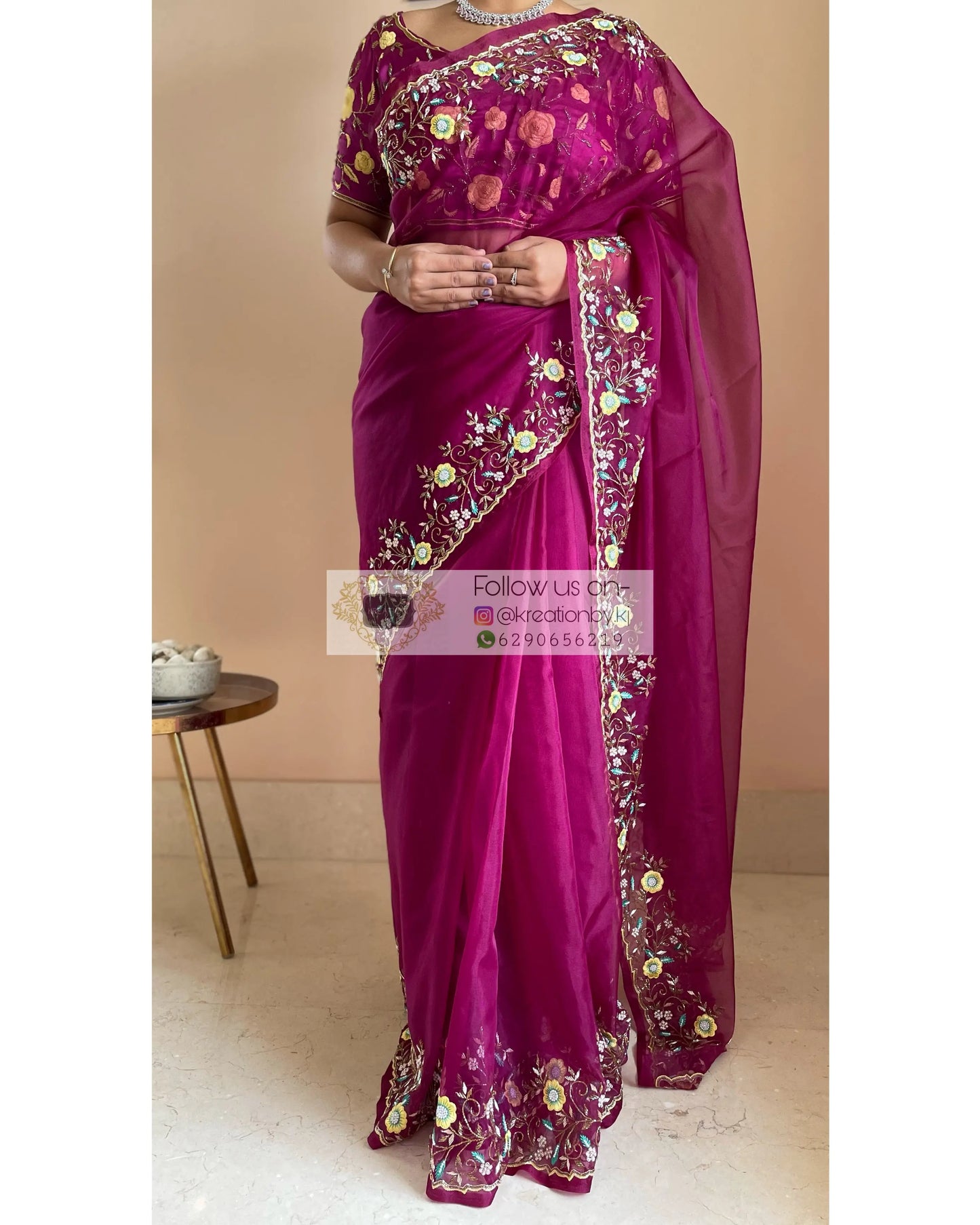 Pankhuri Wine Organza Saree - kreationbykj