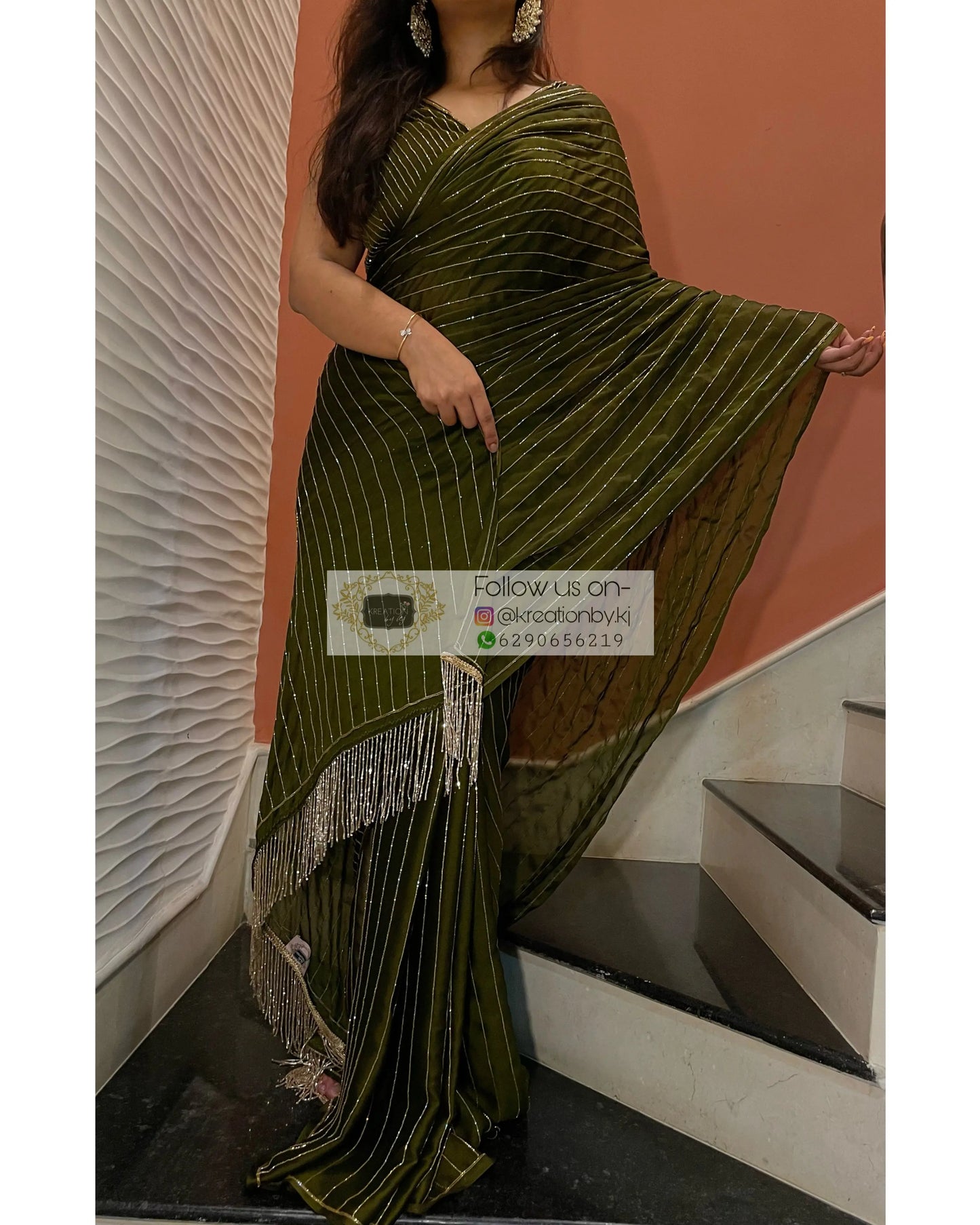 Olive Green Georgette Noorani Cocktail Saree kreationbykj