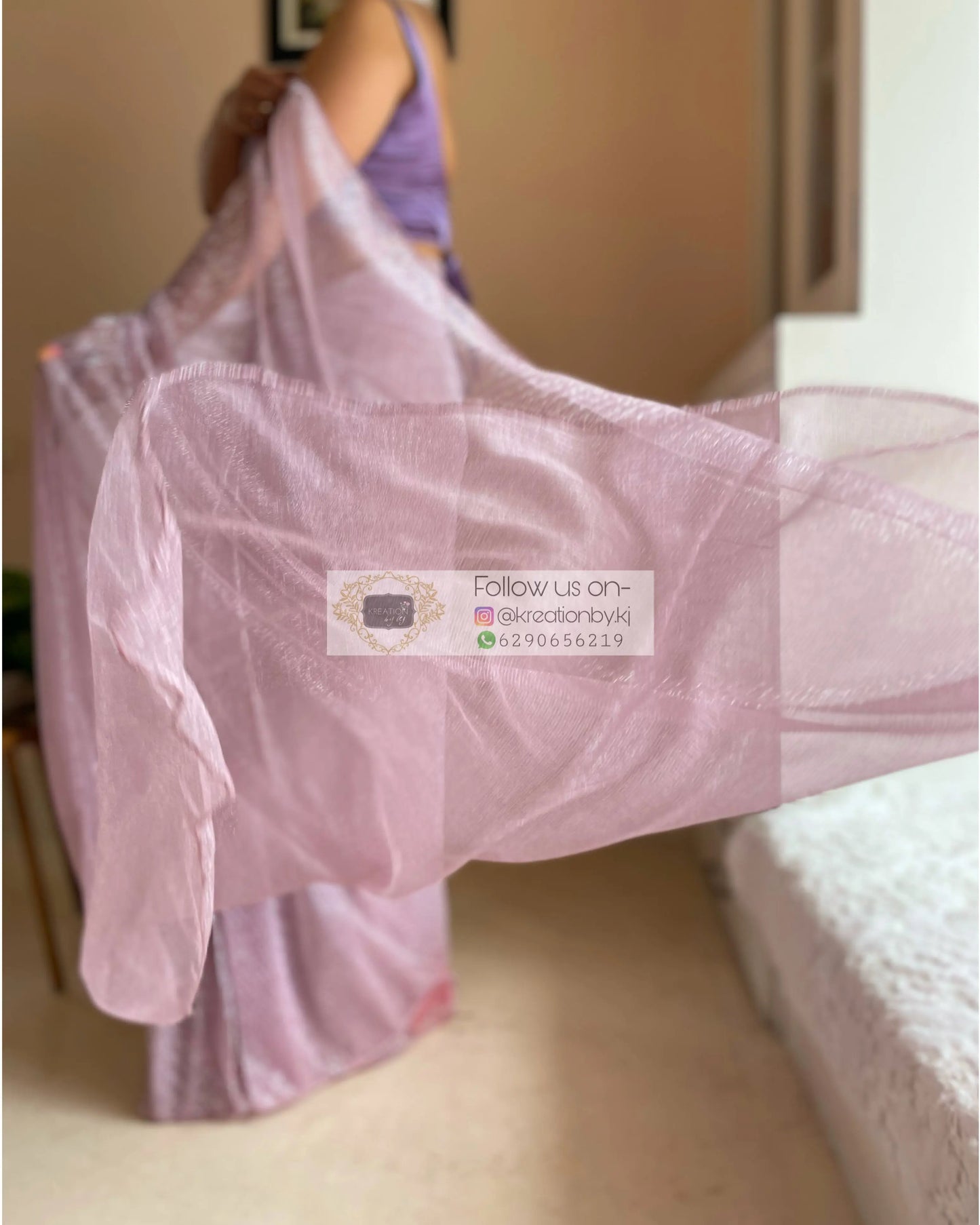 Lilac Shimmer Pleated Net Saree For Romantic Date kreationbykj