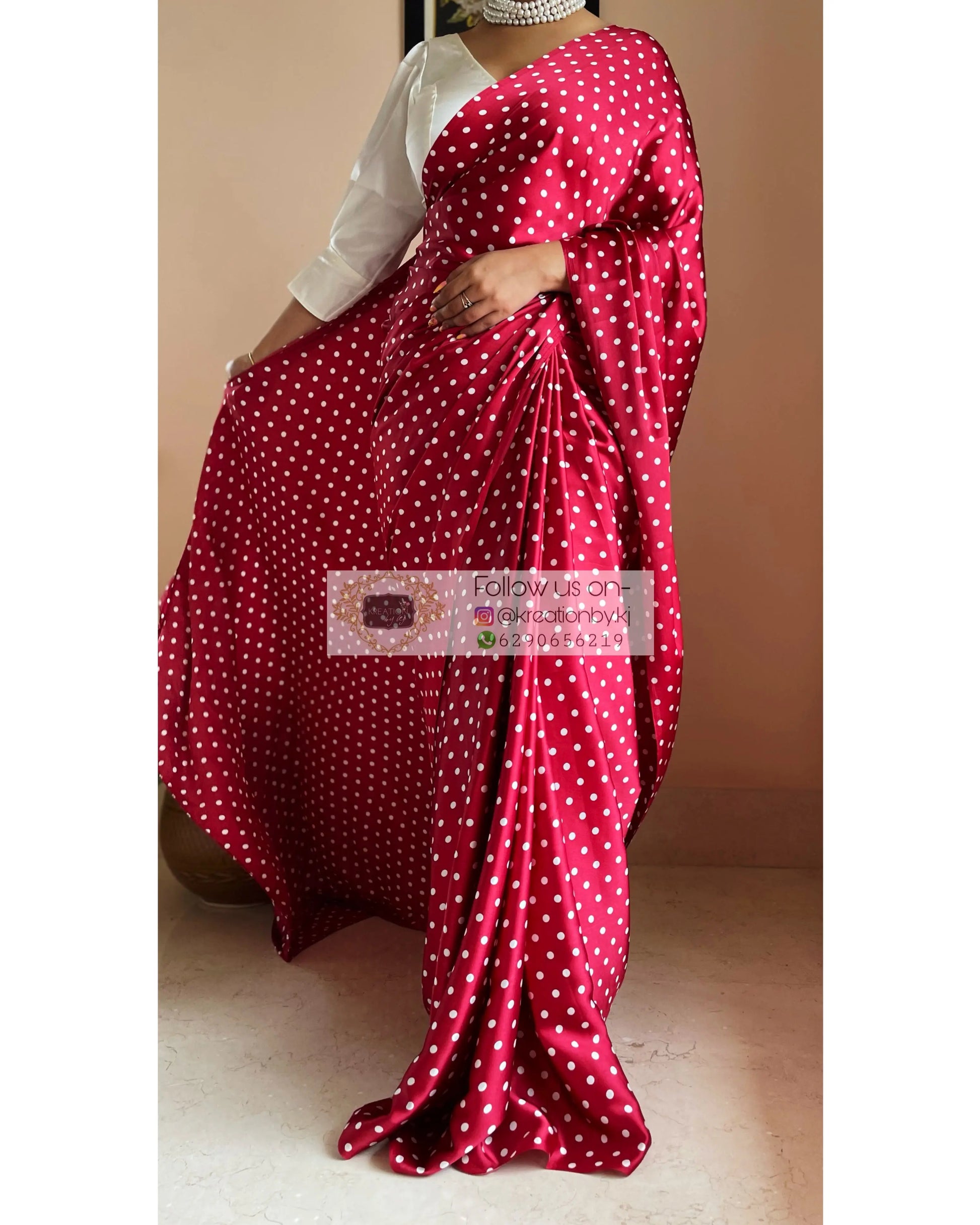 Maroon Polka Dot Satin Silk Saree kreationbykj