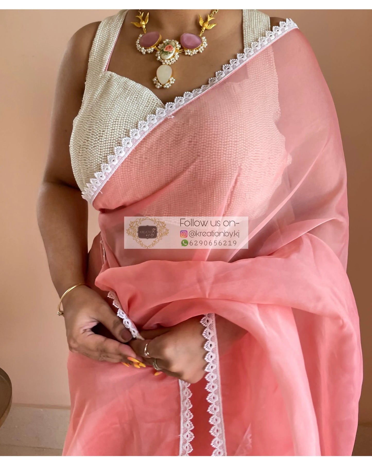 Peach Organza Saree with Pearl Blouse Piece kreationbykj
