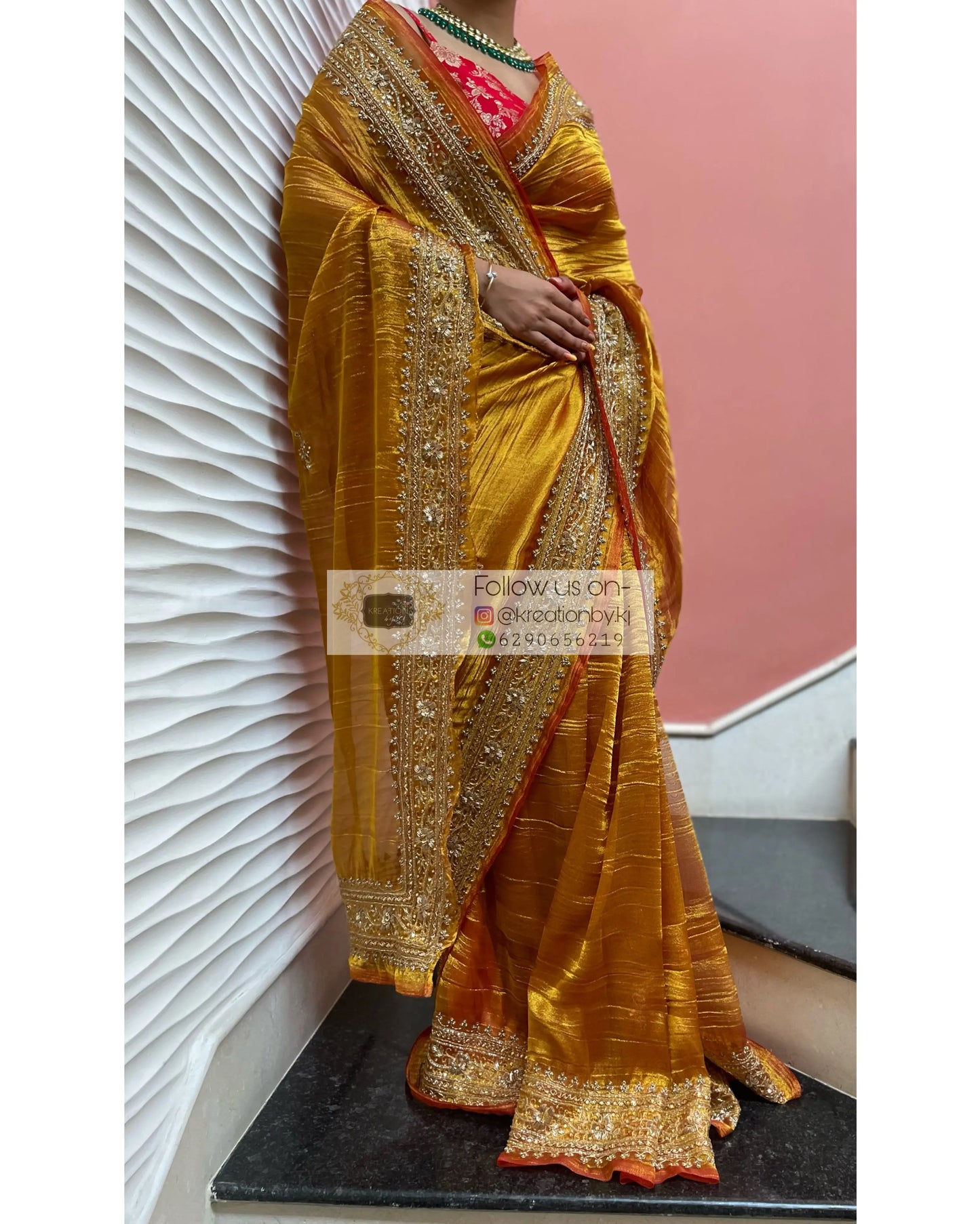 Fiery Gold Zari Tissue Zarina Saree kreationbykj