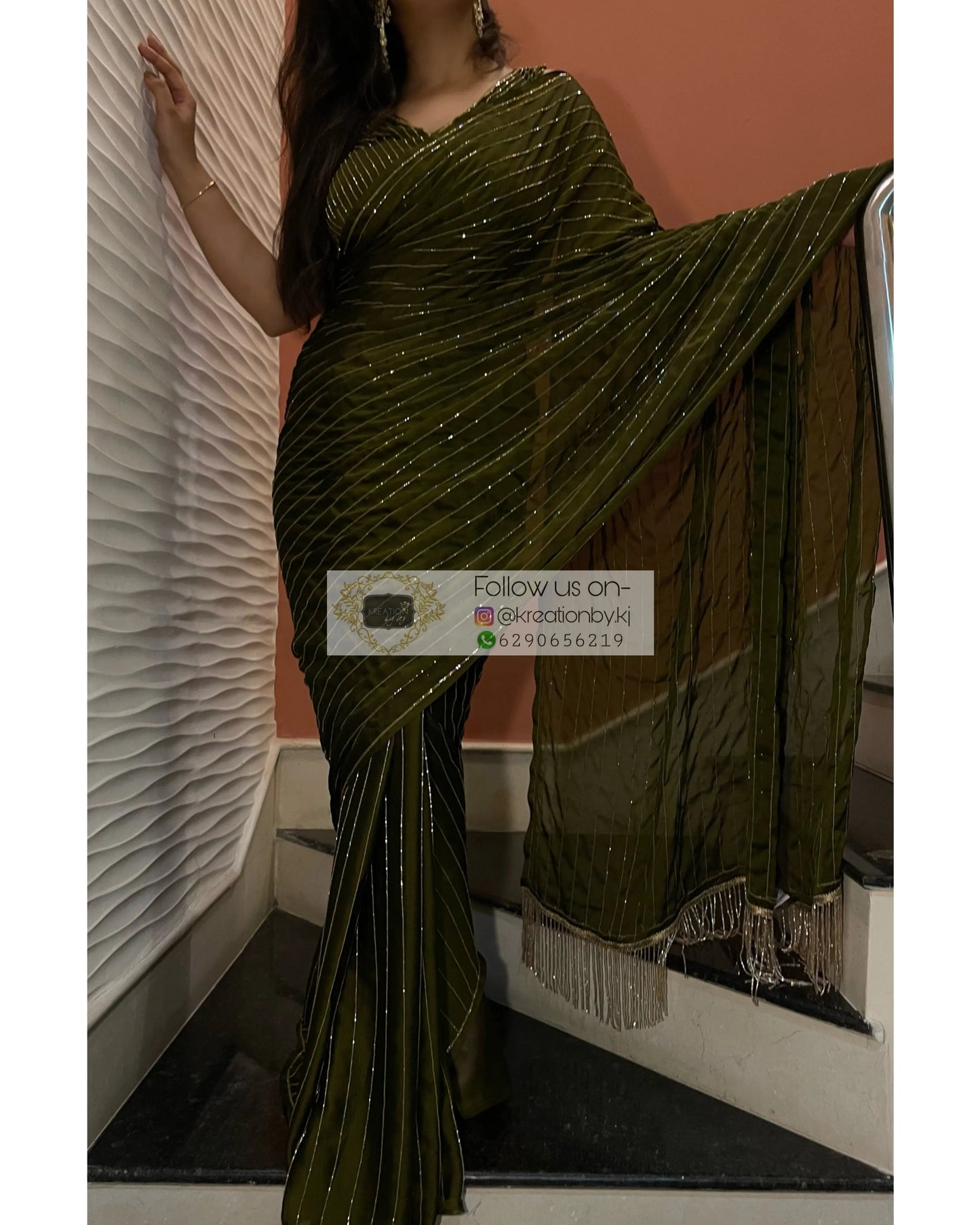Olive Green Georgette Noorani Cocktail Saree kreationbykj