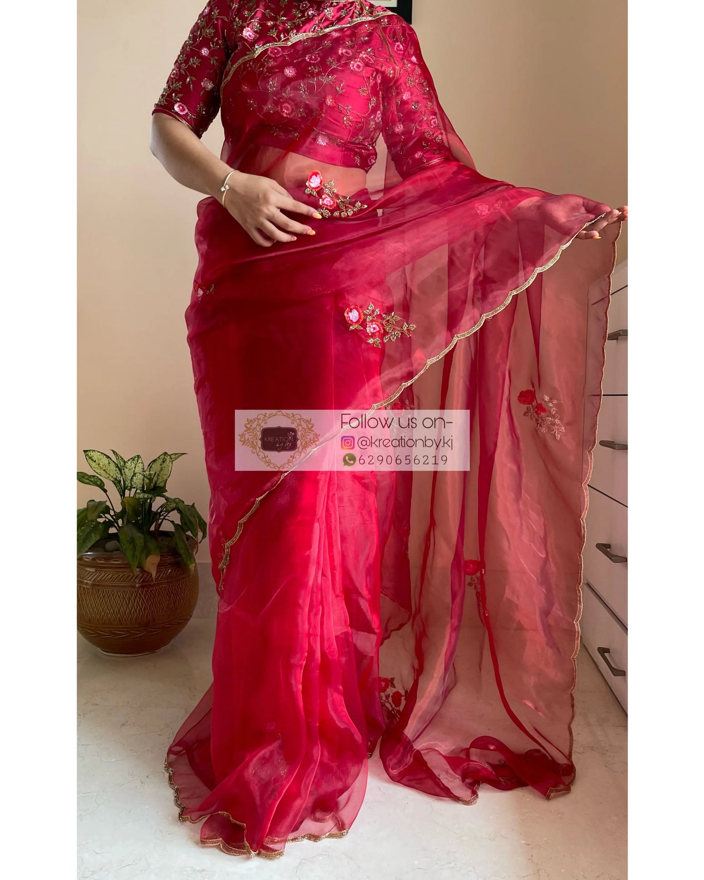 Remember the Roses Red Glass Tissue Saree - kreationbykj