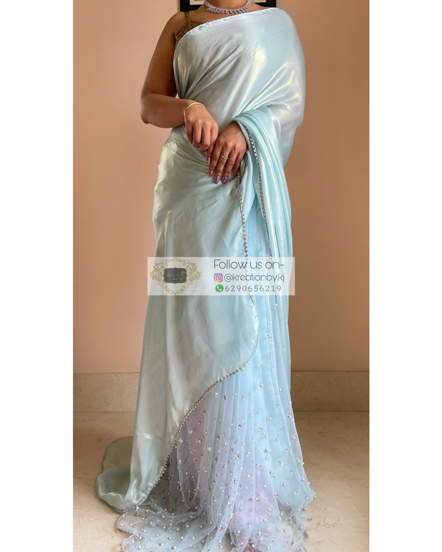 Ice Blue Shimmer Sequins Saree - kreationbykj