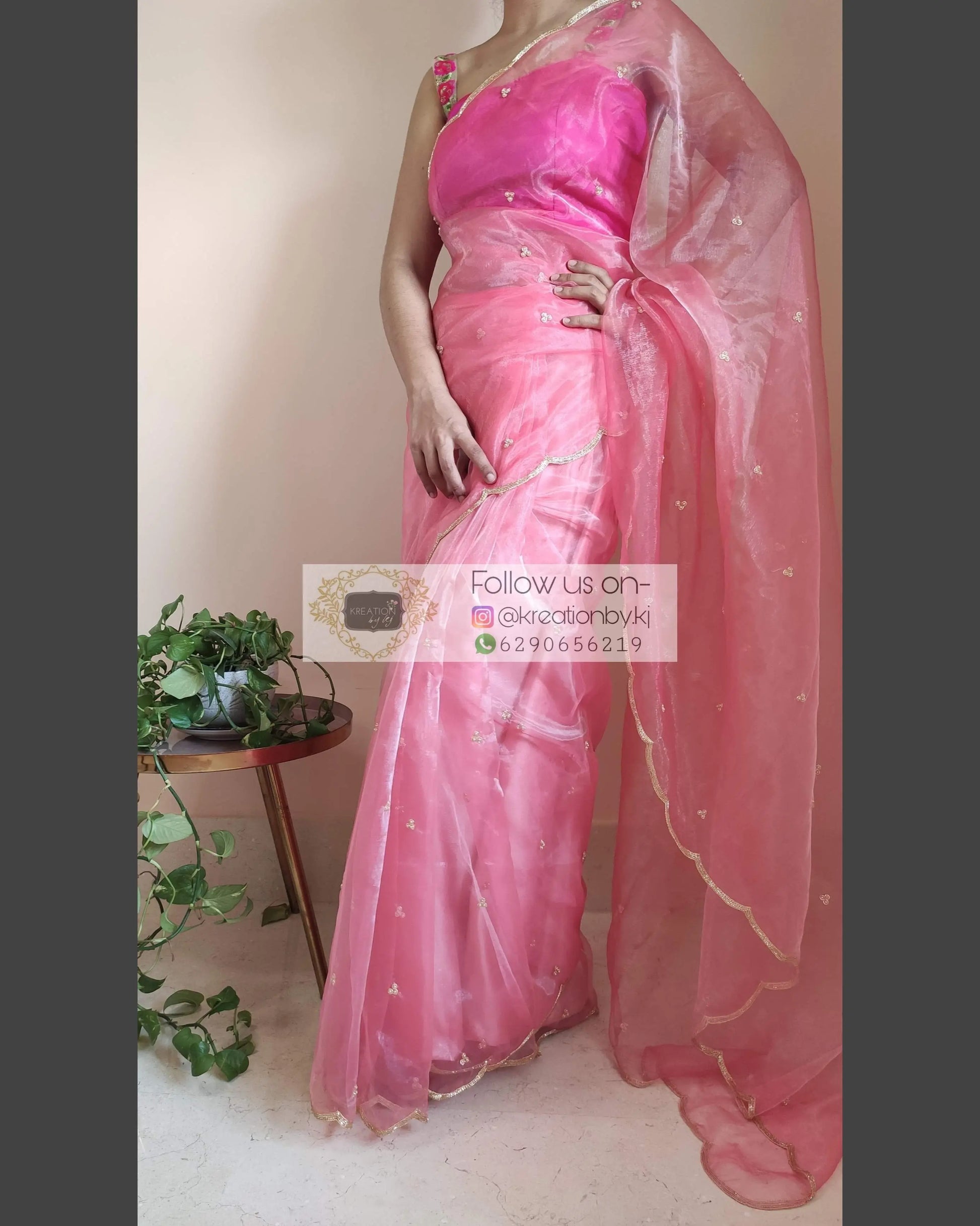 Peach Glass Tissue Saree with scalloping - kreationbykj