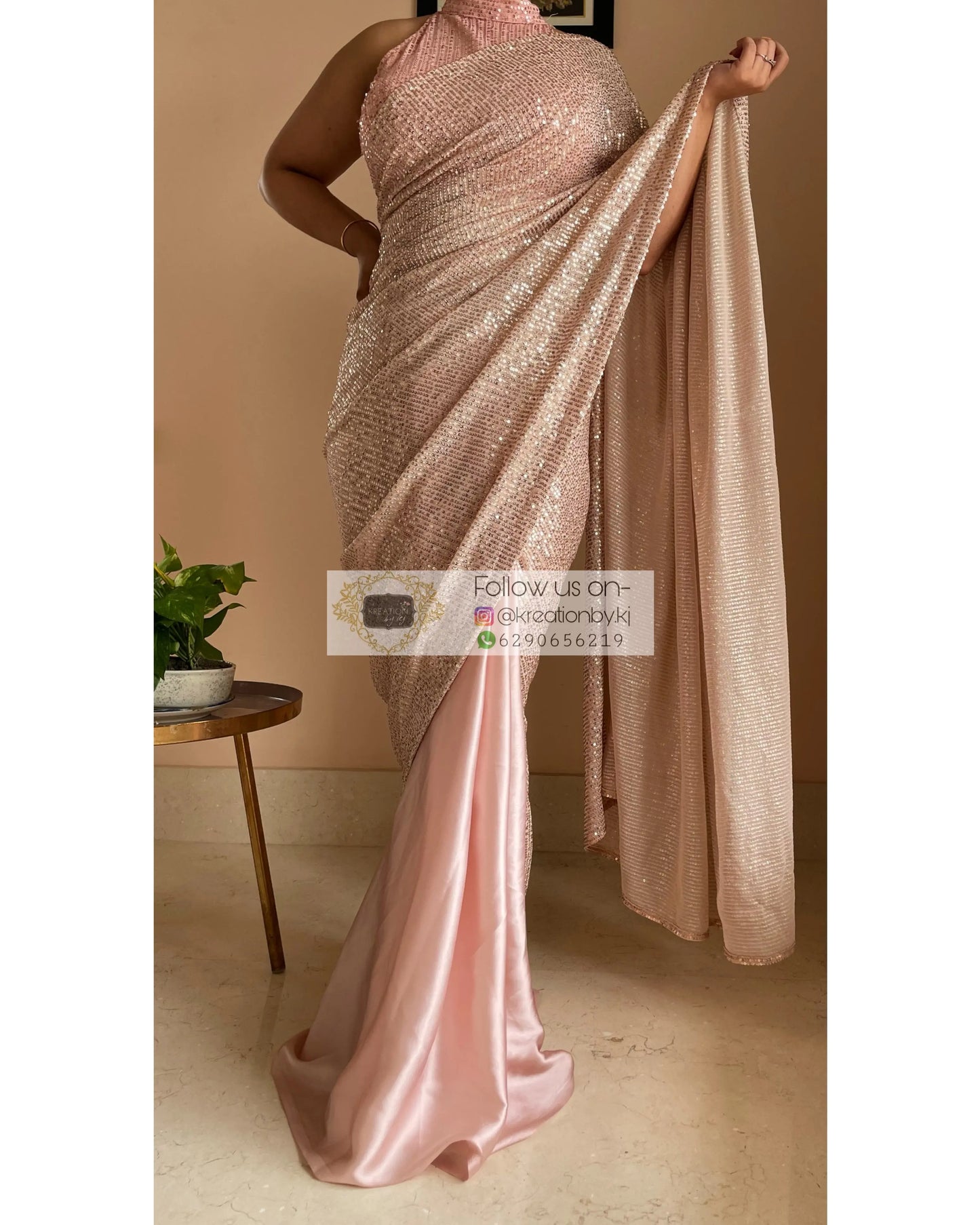 Beige Sequins Half Saree kreationbykj