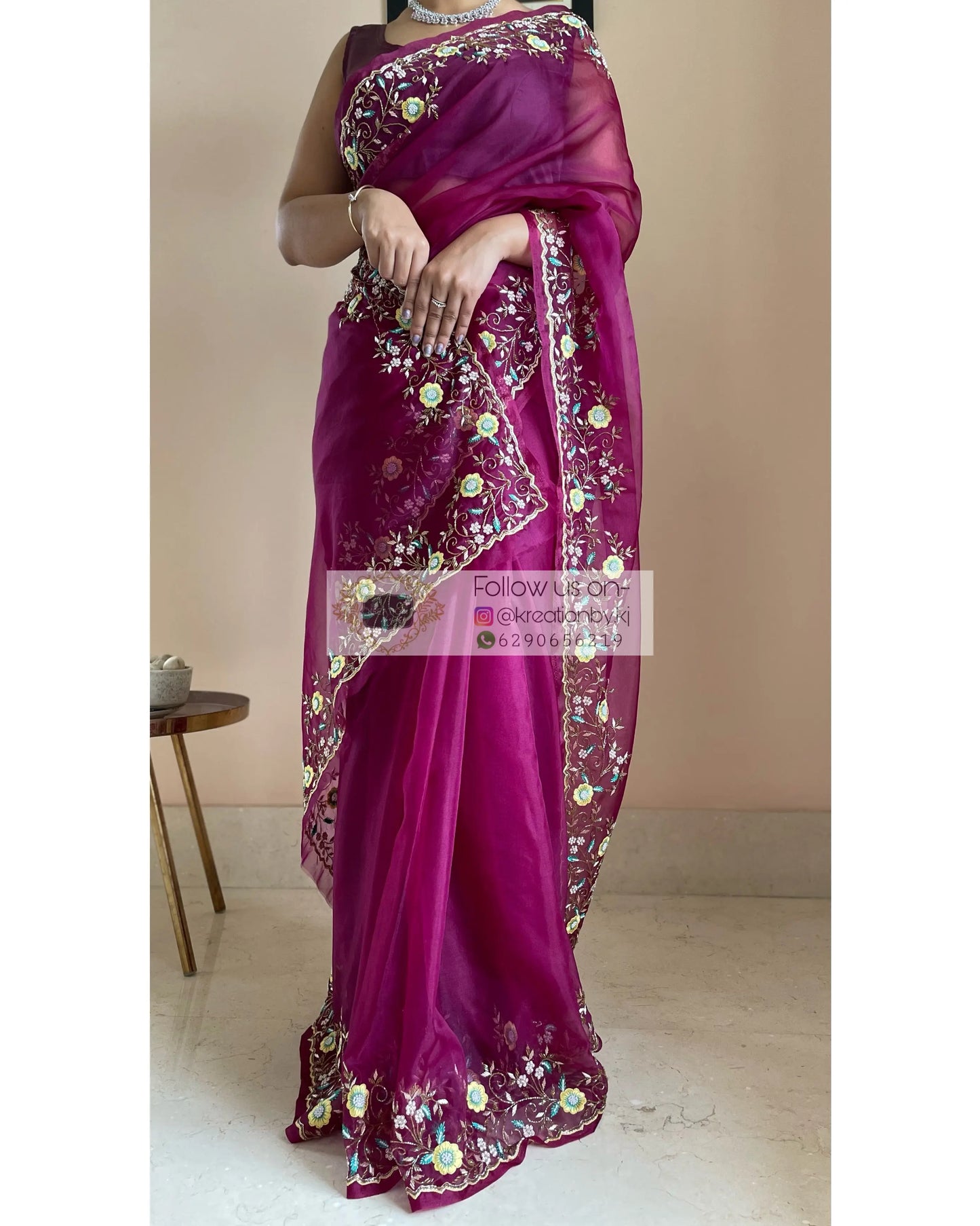 Pankhuri Wine Organza Saree - kreationbykj