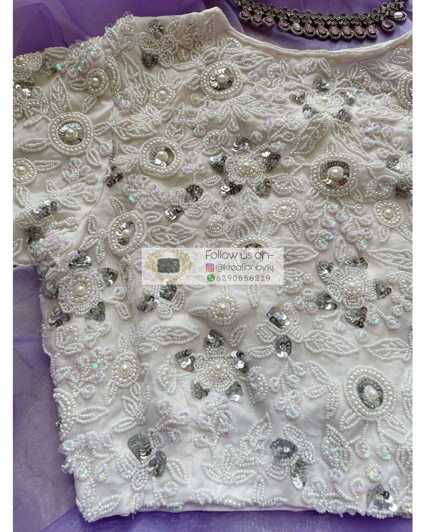 White Blouse with pearls and sequins heavy work - kreationbykj