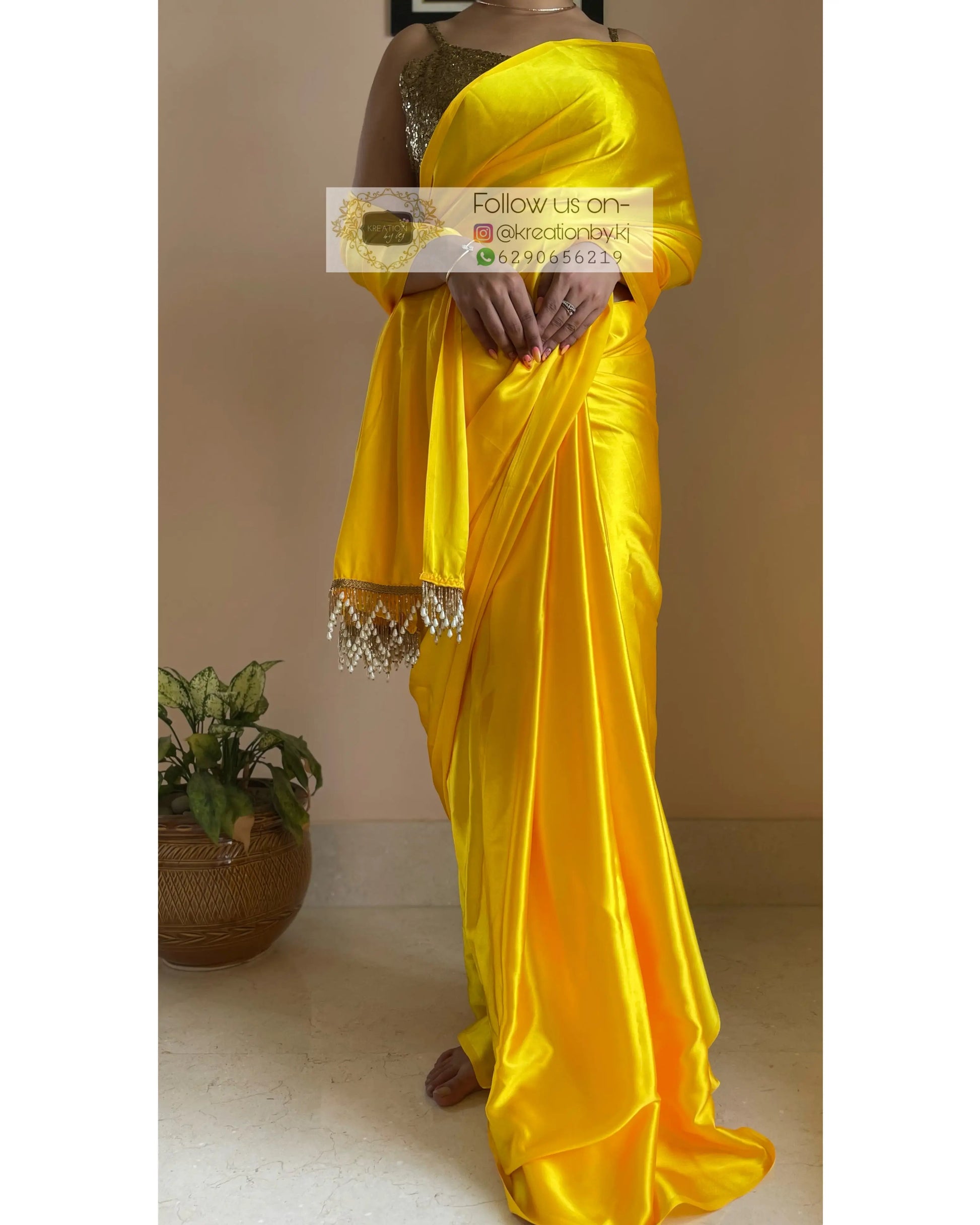 Canary Yellow Satin Silk Saree with Handmade Tassels on Pallu - kreationbykj