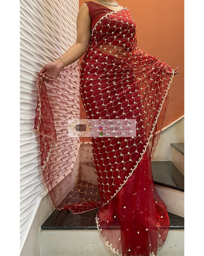 Red Glass Tissue Cutdana Mehraab Saree - kreationbykj