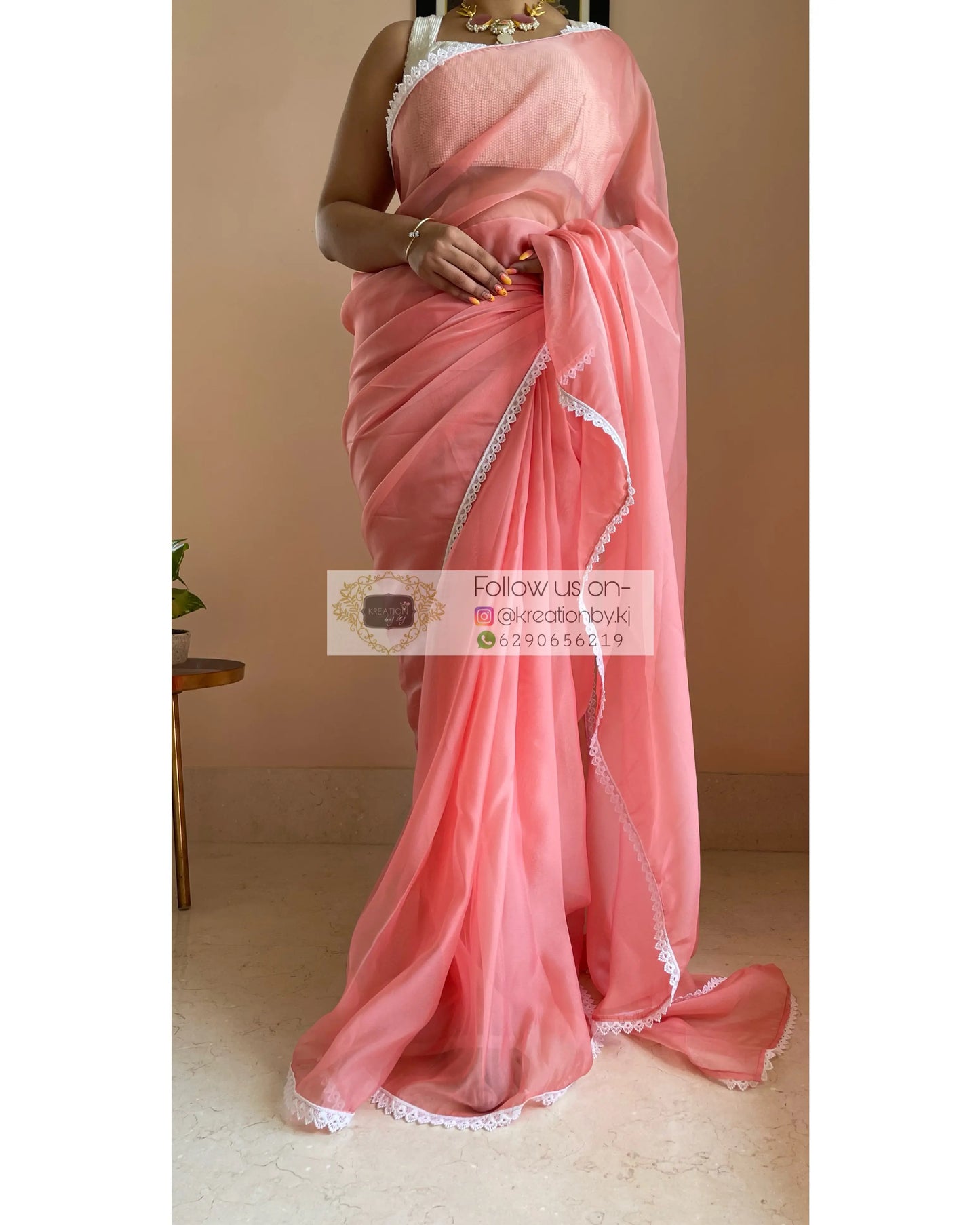 Peach Organza Saree with Pearl Blouse Piece kreationbykj