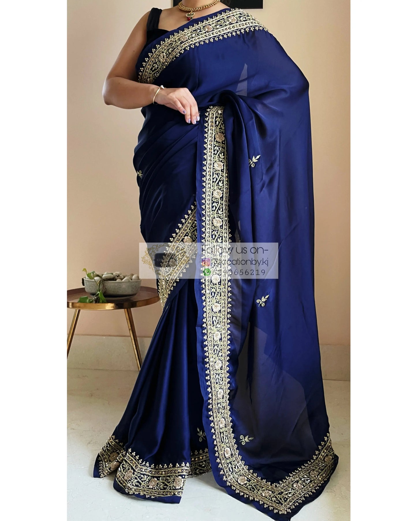 Navy Blue Crepe Silk Zarina Saree - kreationbykj