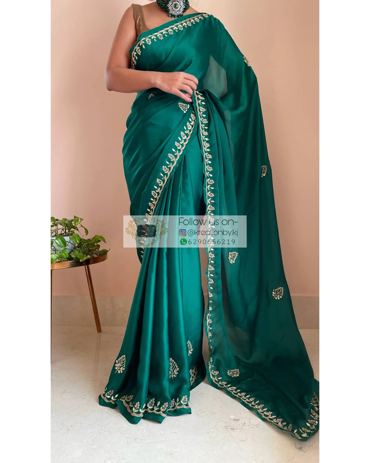 Green Satin Silk Saree with Gota Patti Border