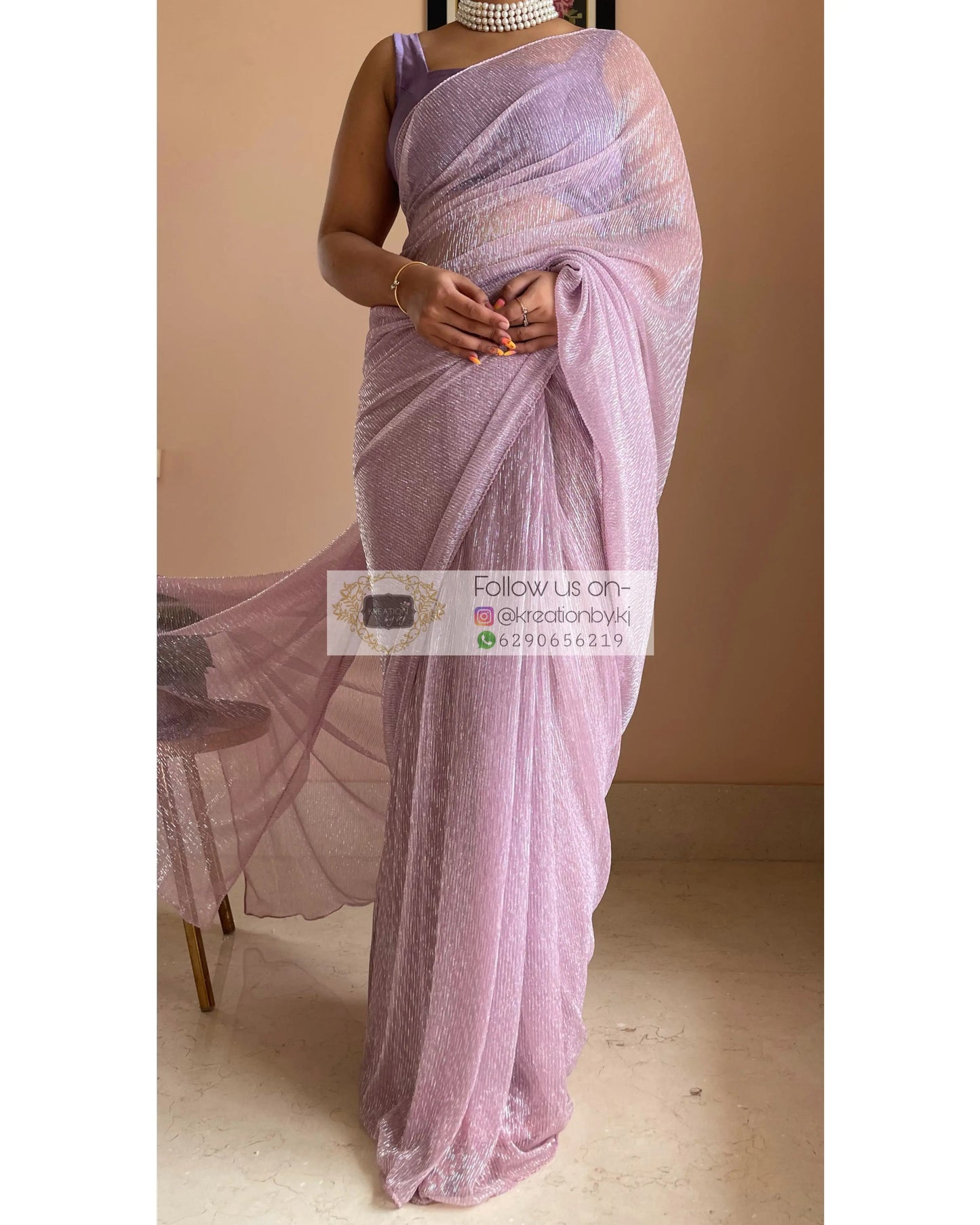 Lilac Shimmer Pleated Net Saree For Romantic Date kreationbykj
