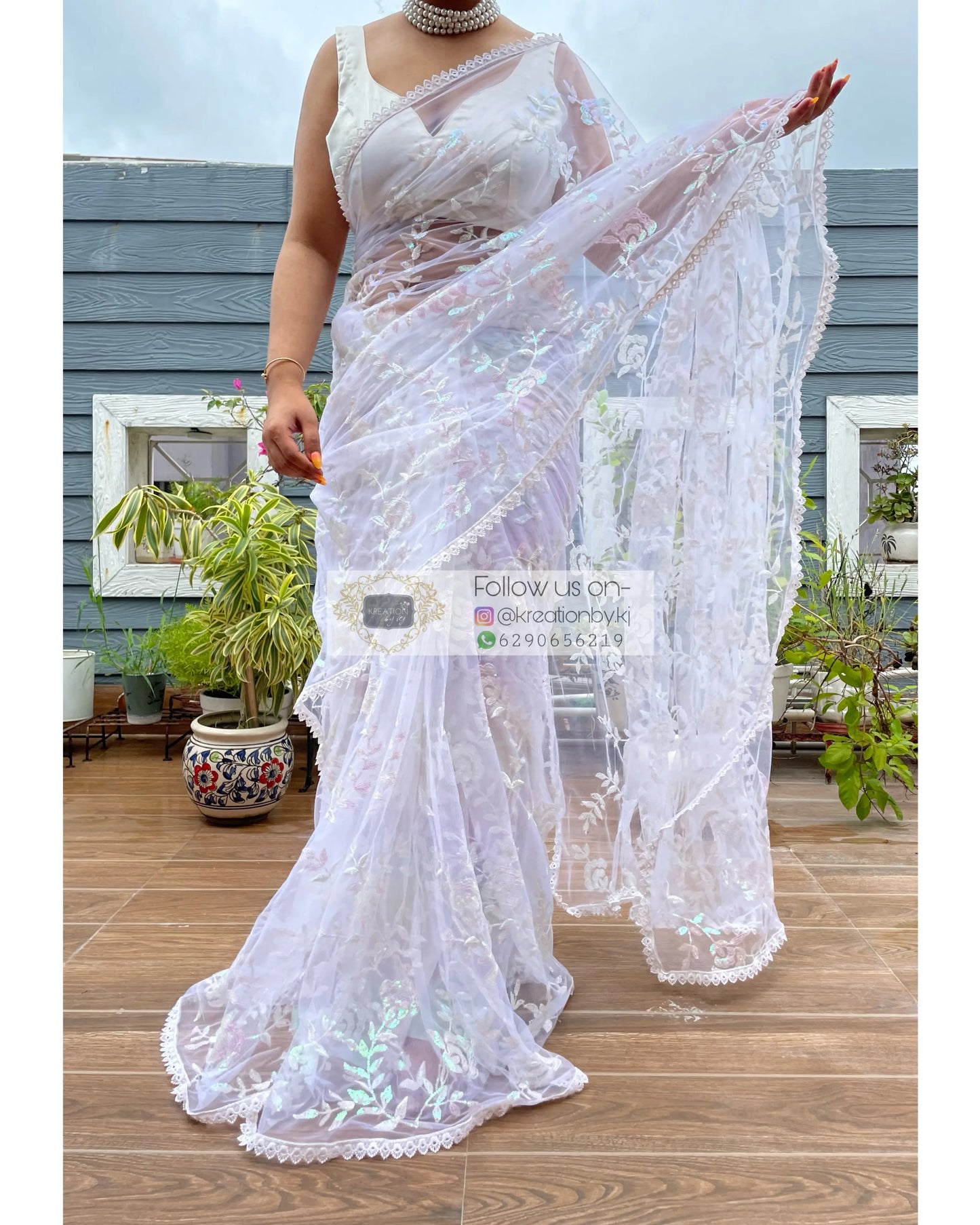 White Bahar e Gul Net Saree kreationbykj