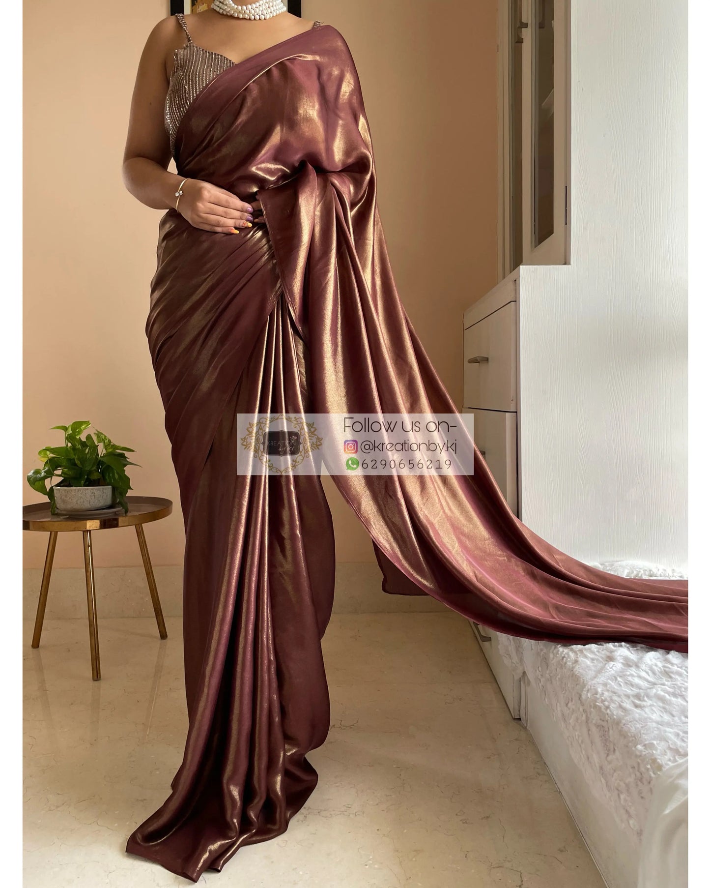 Molten Chocolate Brown Shimmer Satin Saree kreationbykj