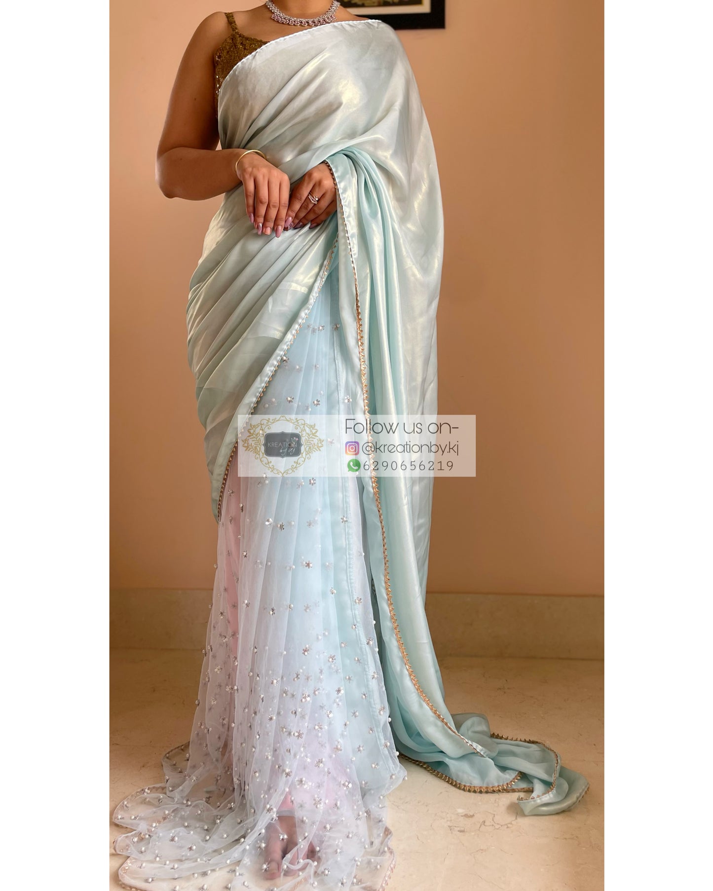 Ice Blue Shimmer Sequins Saree - kreationbykj
