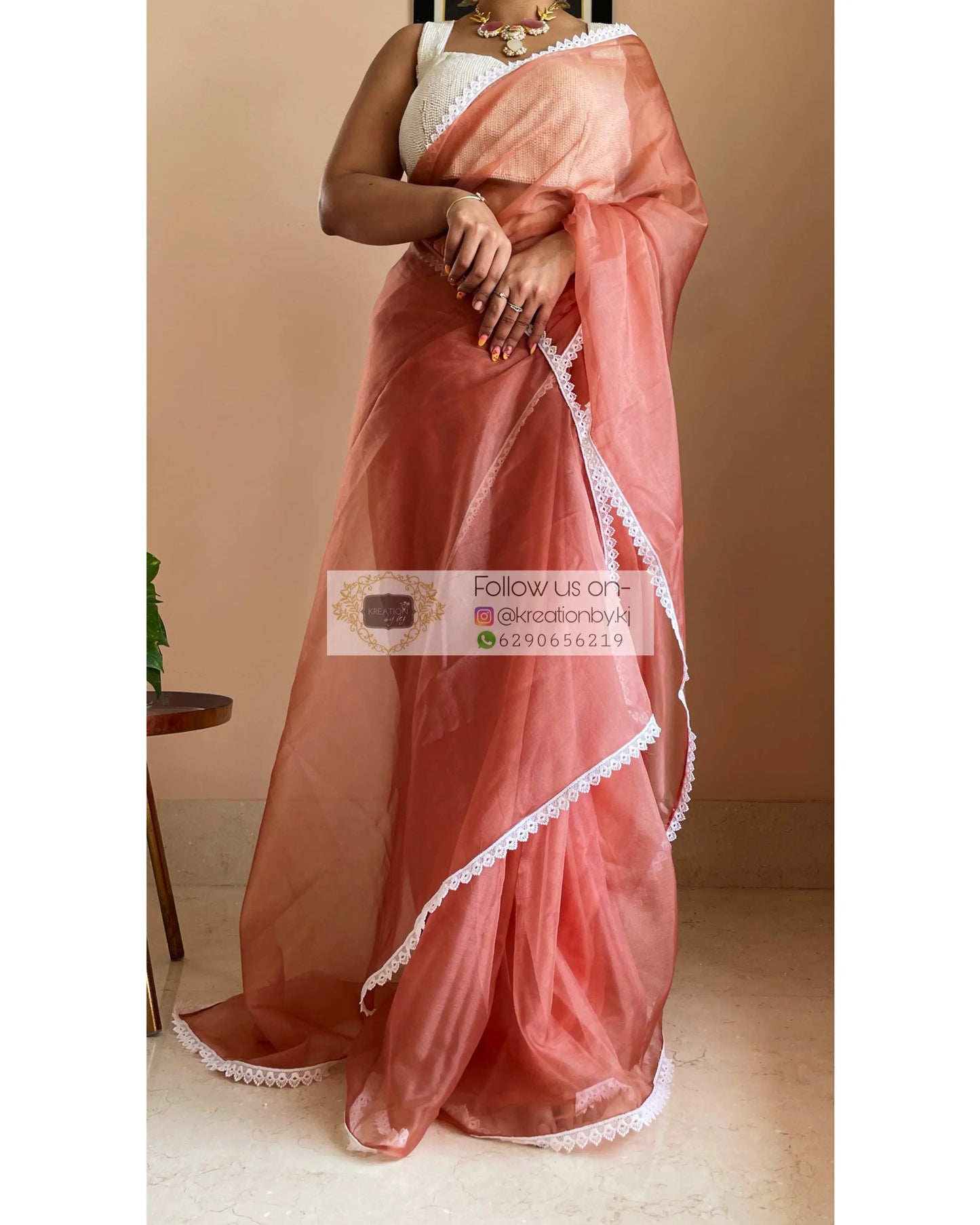 Rust Organza Saree with Pearl Blouse Piece kreationbykj
