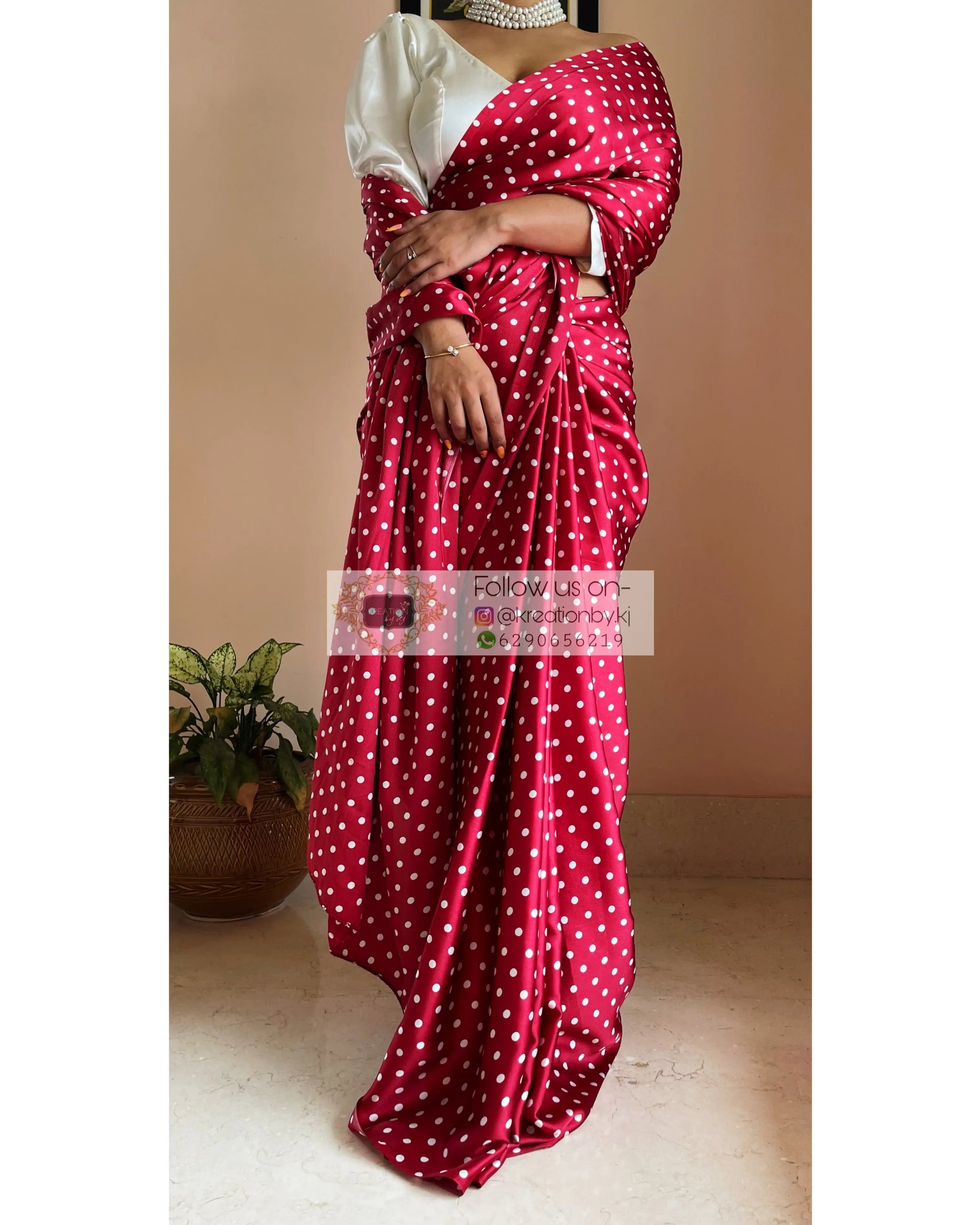 Maroon Polka Dot Satin Silk Saree kreationbykj