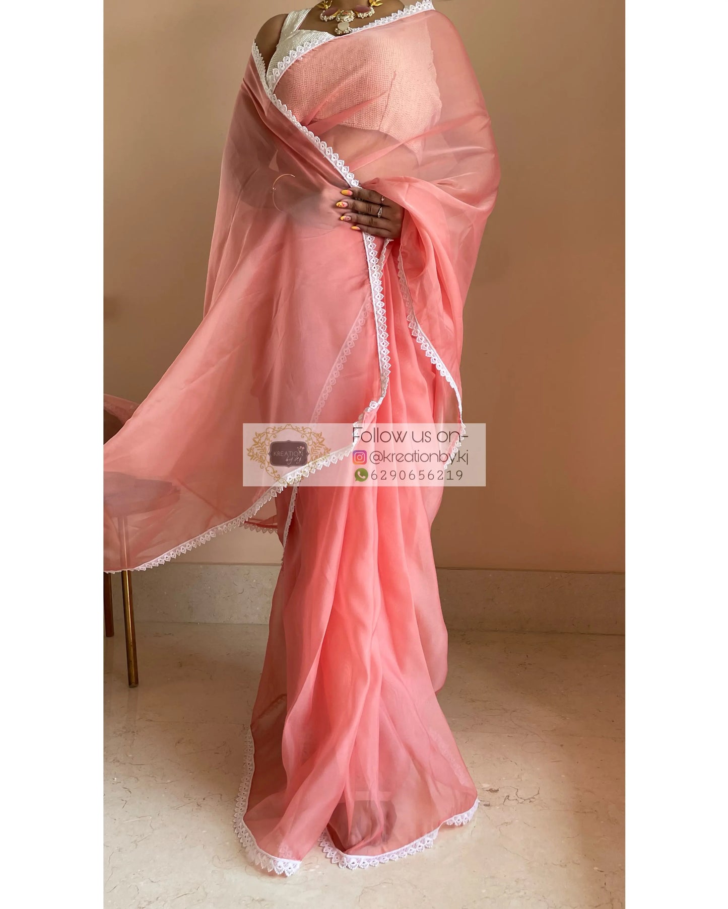 Peach Organza Saree with Pearl Blouse Piece kreationbykj