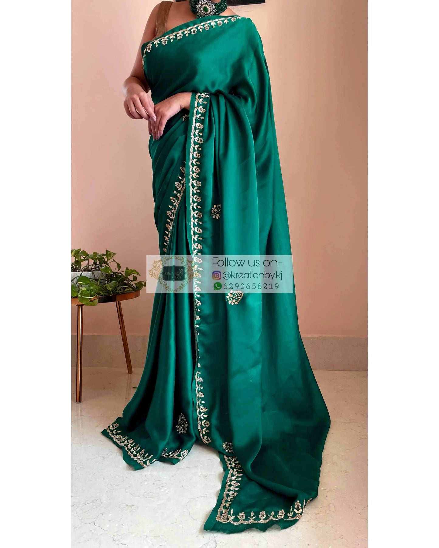 Green Satin Silk Saree with Gota Patti Border