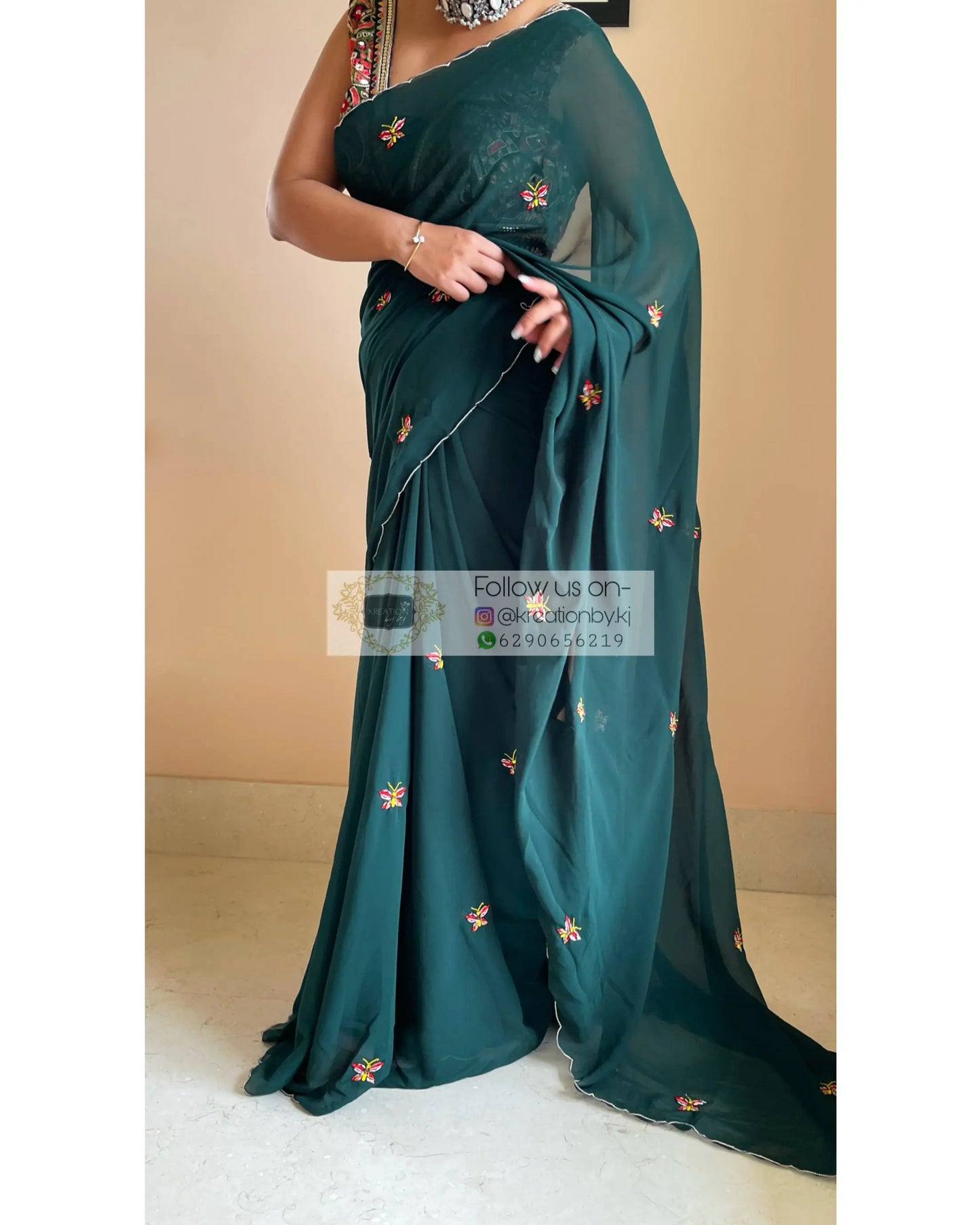 Bottle Green Butterflies on A Fence Saree - kreationbykj