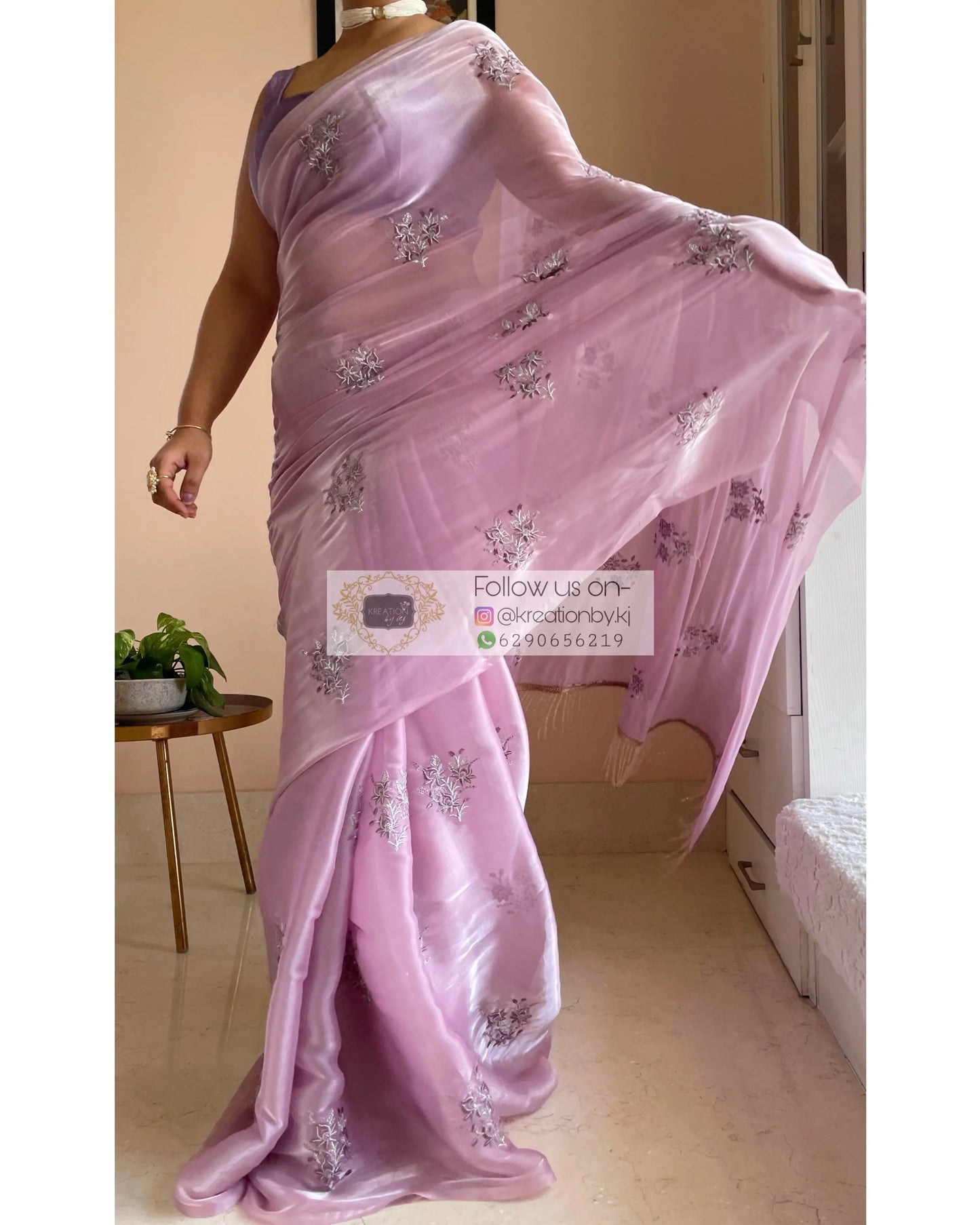 Lilac Glass Organza Saree with Embroidery kreationbykj