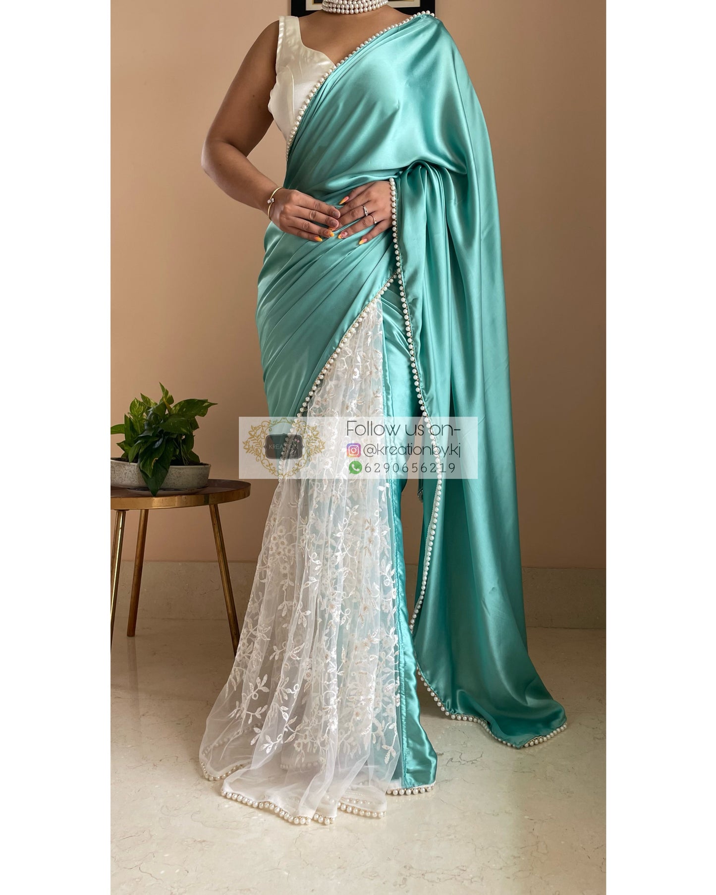 Turquoise Cherry Blossom Saree kreationbykj