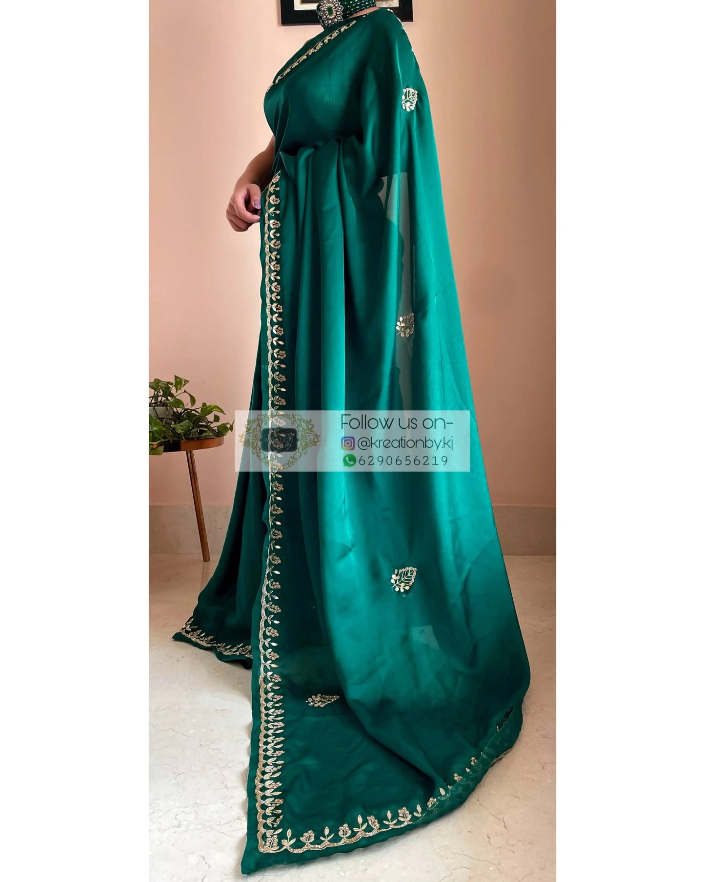 Green Satin Silk Saree with Gota Patti Border