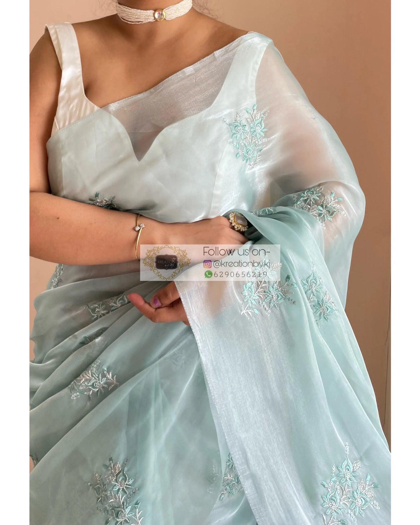 Blue Glass Organza Saree with Embroidery kreationbykj