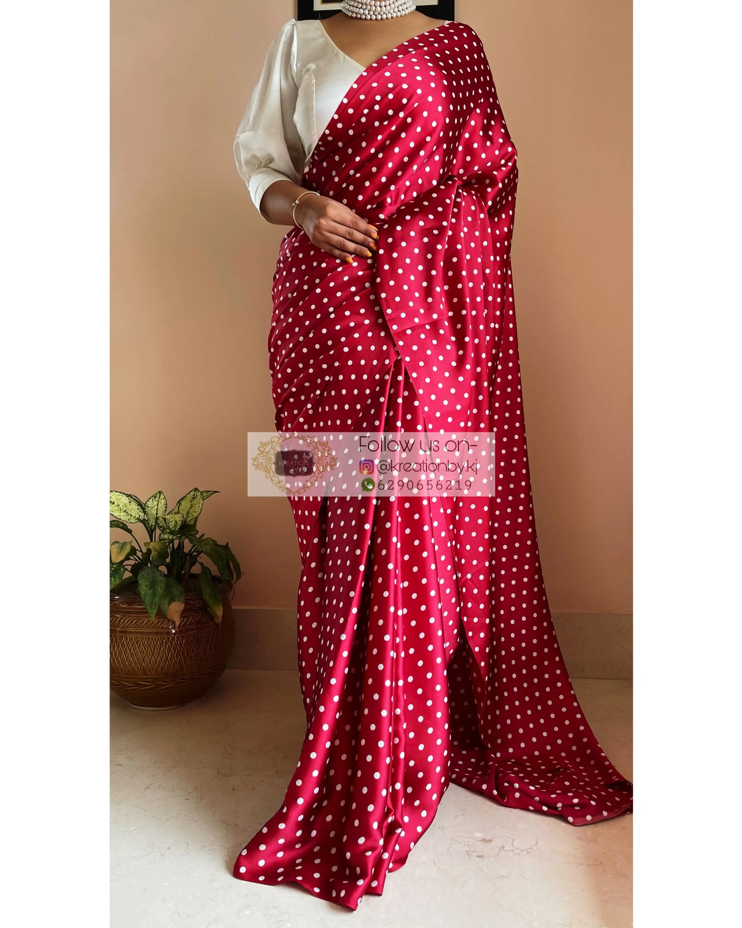 Maroon Polka Dot Satin Silk Saree kreationbykj