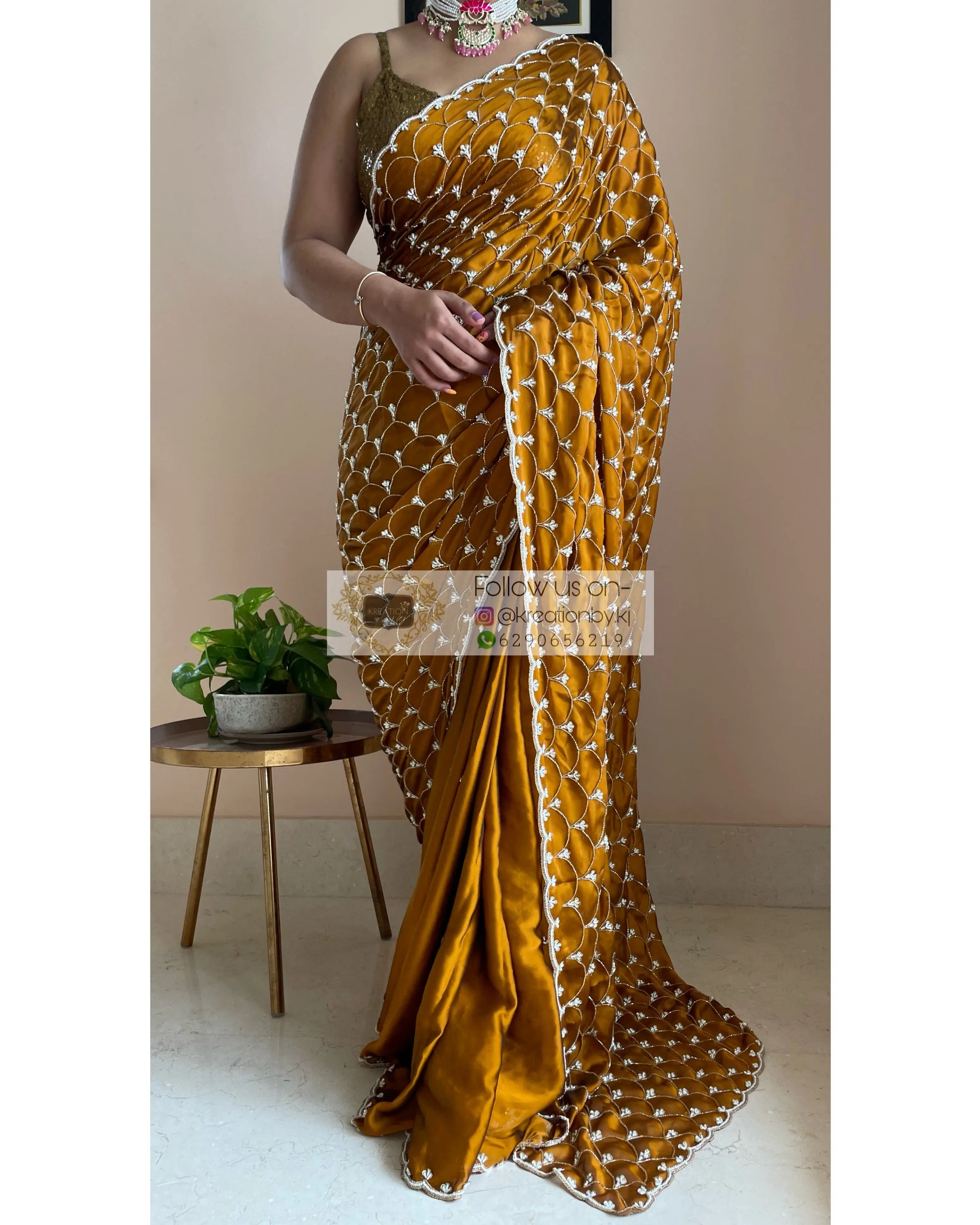 Mustard Golden Cutdana Mehraab Jaal Saree for Haldi kreationbykj