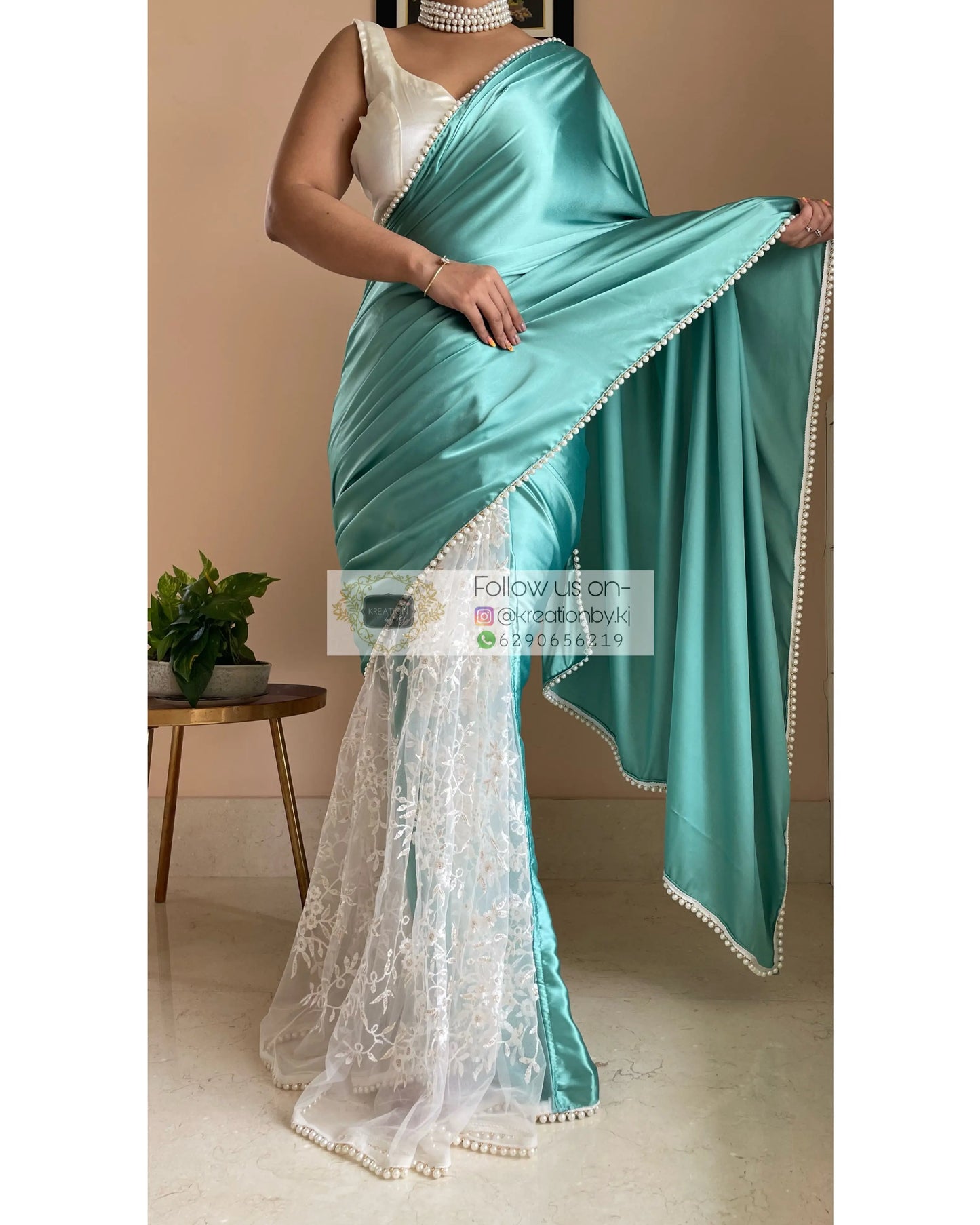 Turquoise Cherry Blossom Saree kreationbykj