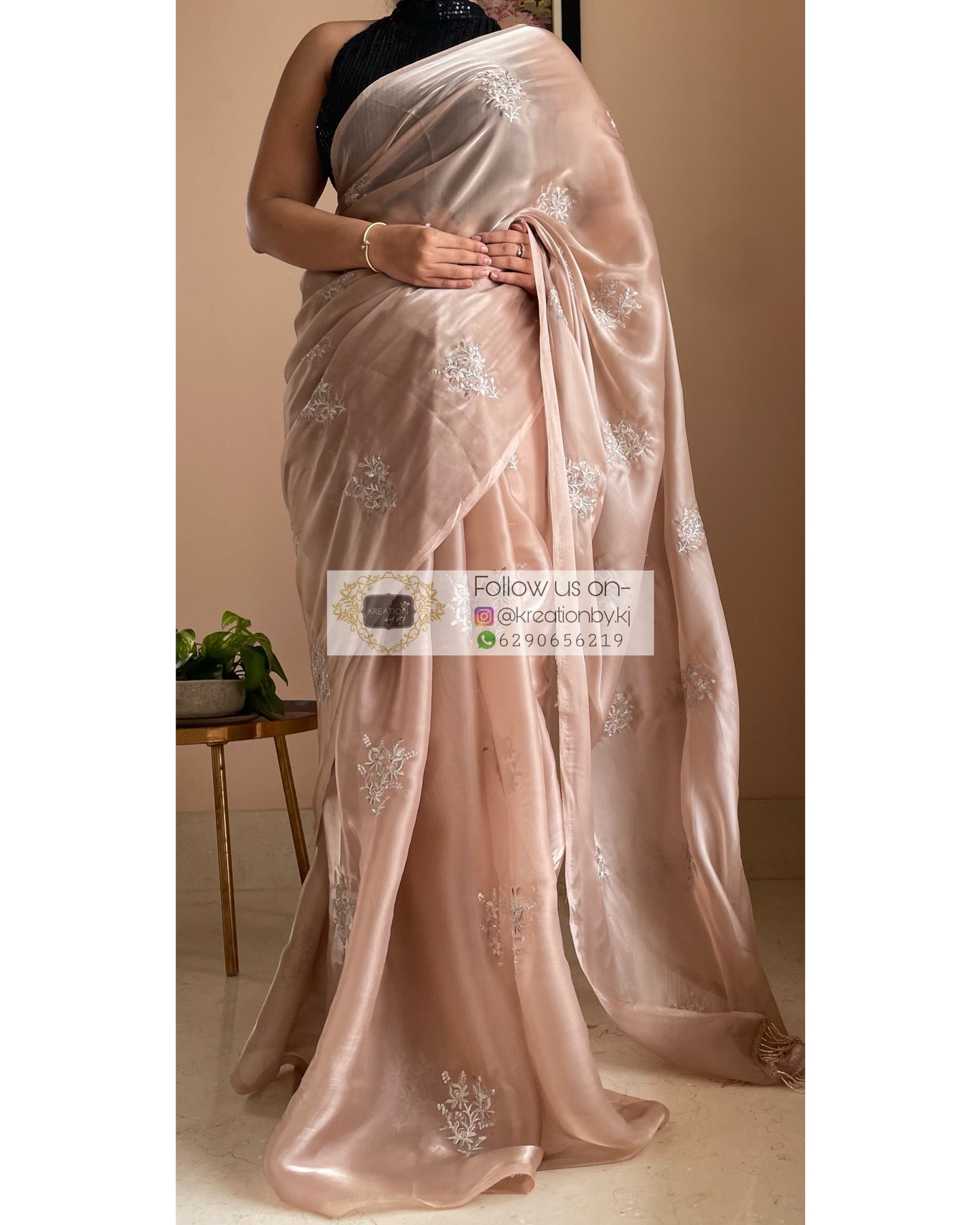Beige Glass Organza Saree with Embroidery kreationbykj