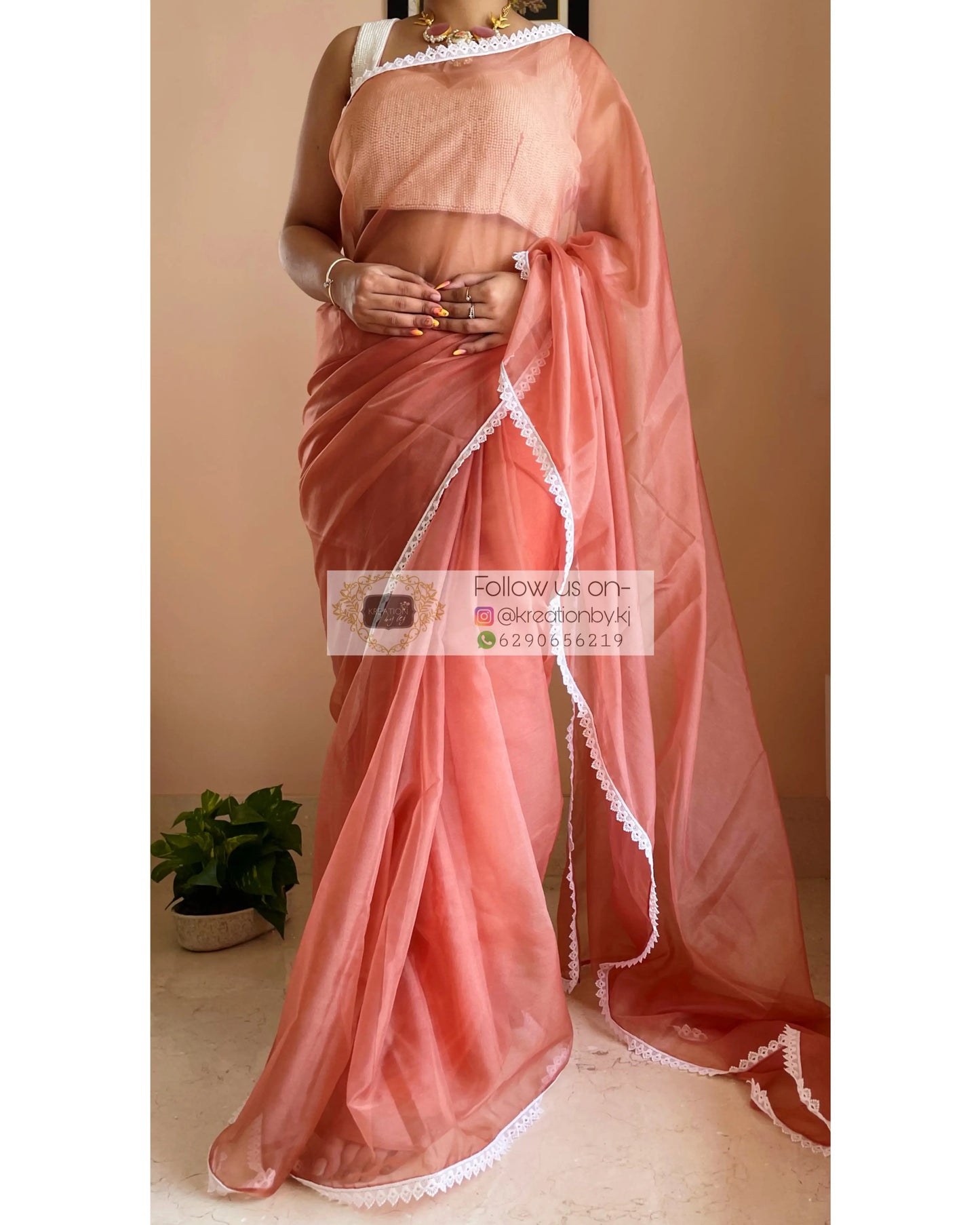 Rust Organza Saree with Pearl Blouse Piece kreationbykj