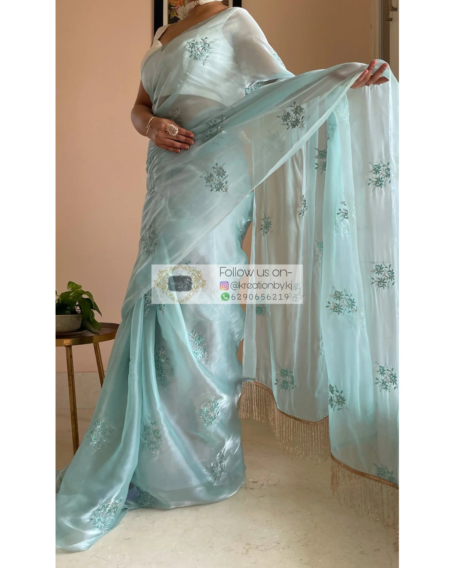 Blue Glass Organza Saree with Embroidery kreationbykj